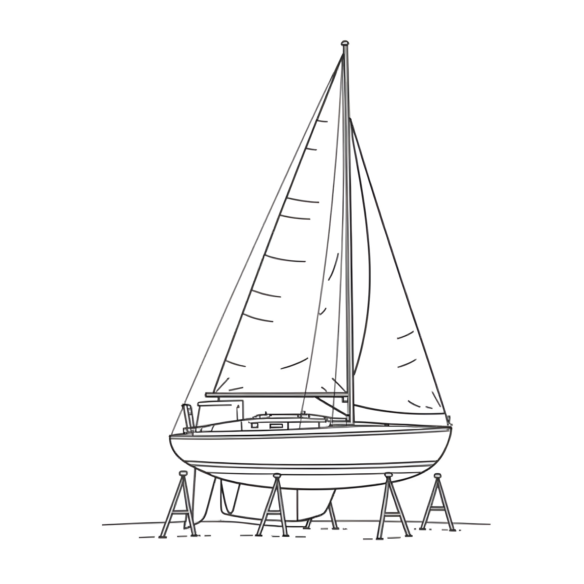 Sailboat with fully extended sails and supports Coloring Page (free black-and-white line drawing printable PDF for all, from beginners to advanced learners, including children, teens, adults, and seniors)