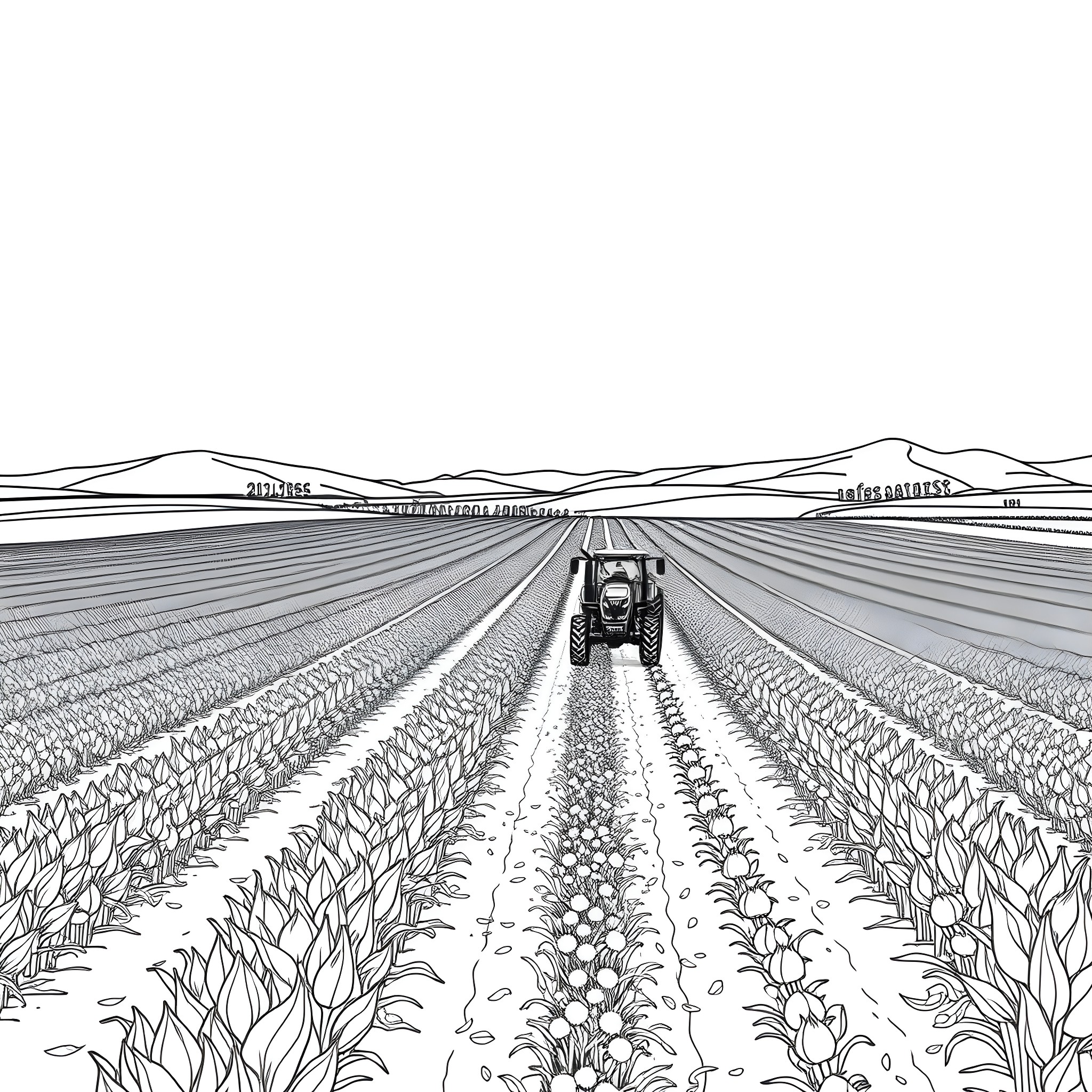 Tractor working on agricultural field Coloring Page (free black-and-white line drawing printable PDF for all, from beginners to advanced learners, including children, teens, adults, and seniors)