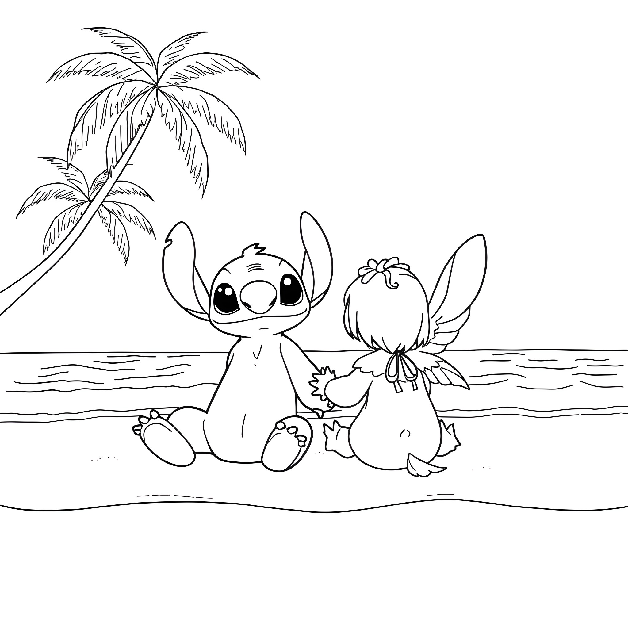 Stitch and Angel playing on the beach Coloring Page (free black-and-white line drawing printable PDF for all, from beginners to advanced learners, including children, teens, adults, and seniors)