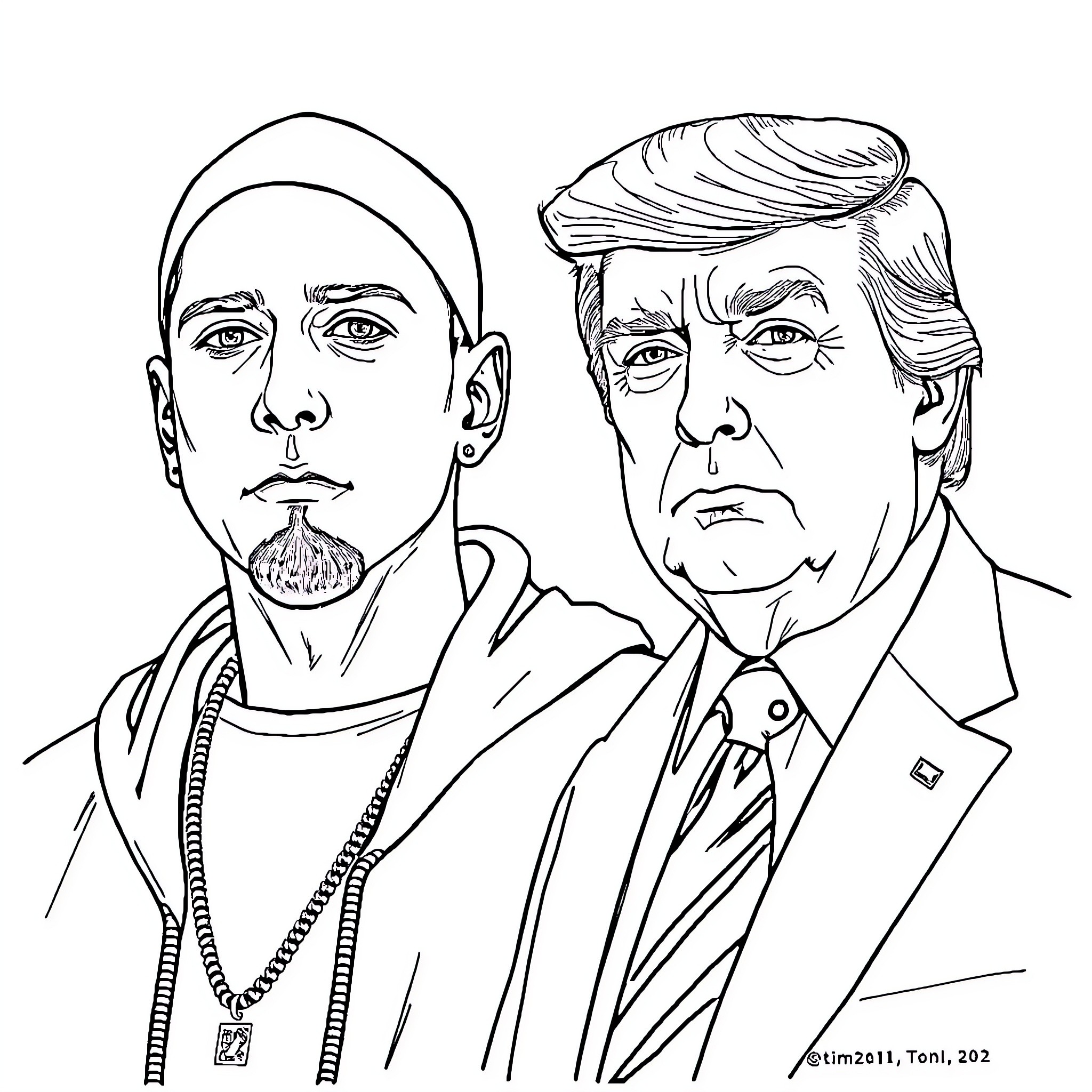 Eminem and Donald Trump in Serious Expressions Coloring Page (free black-and-white line drawing printable PDF for all, from beginners to advanced learners, including children, teens, adults, and seniors)