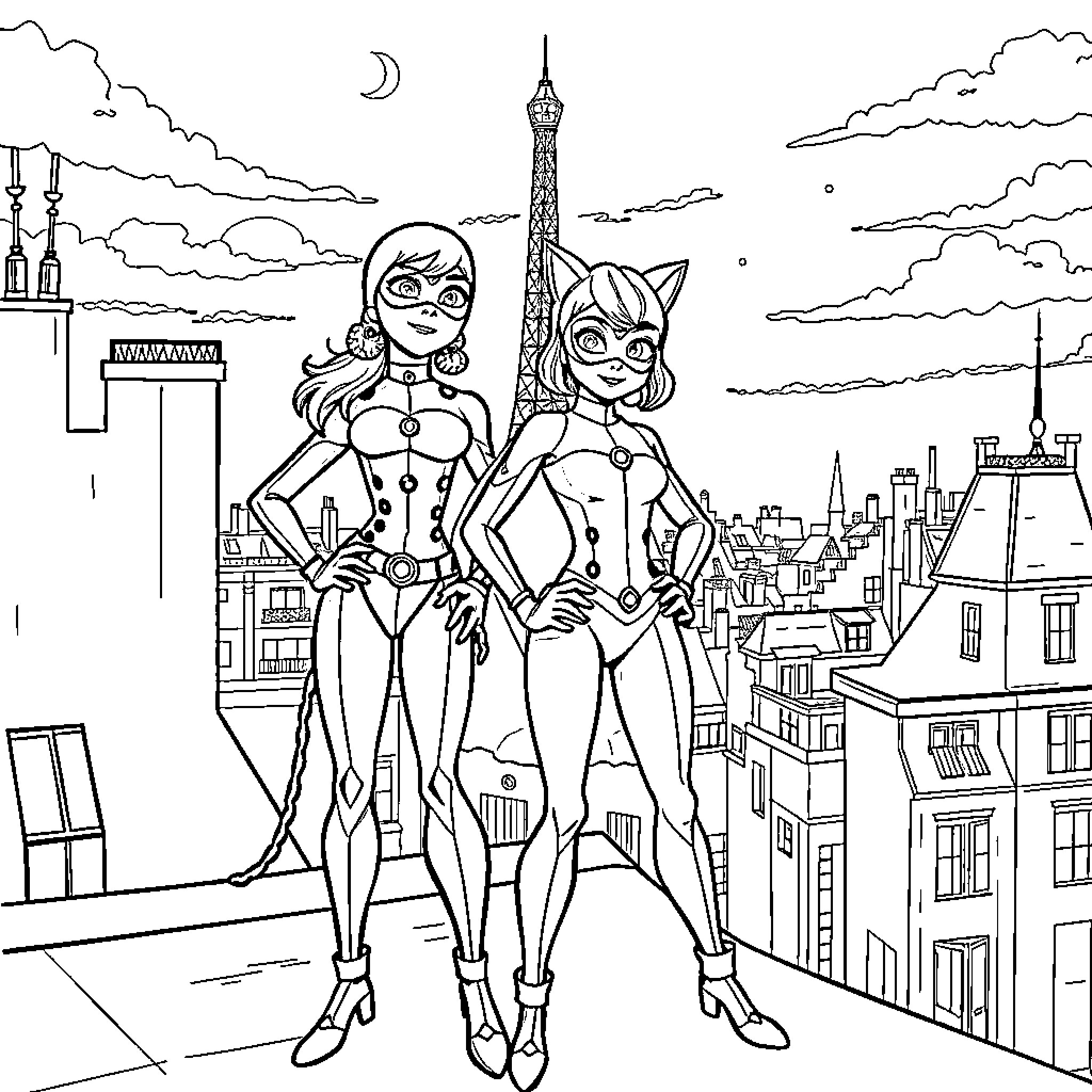 Ladybug and Cat Superheroines Overlooking Paris Coloring Page (free black-and-white line drawing printable PDF for all, from beginners to advanced learners, including children, teens, adults, and seniors)