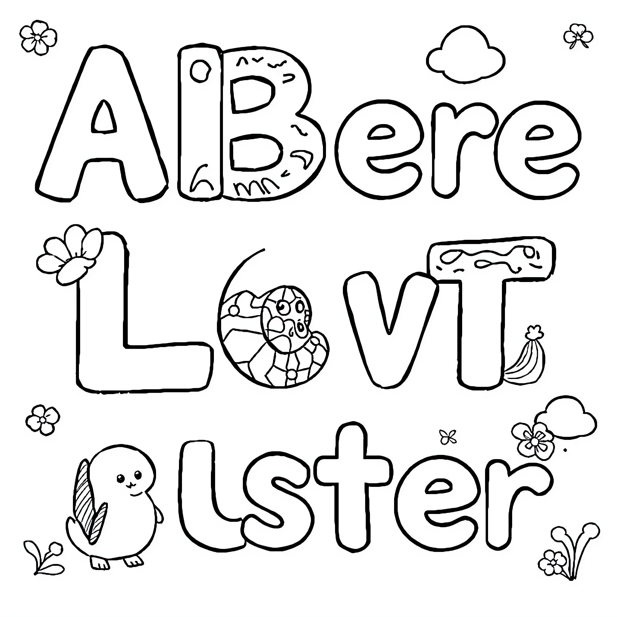 Alphabet showing loving creatures and nature Coloring Page (free black-and-white line drawing printable PDF for all, from beginners to advanced learners, including children, teens, adults, and seniors)