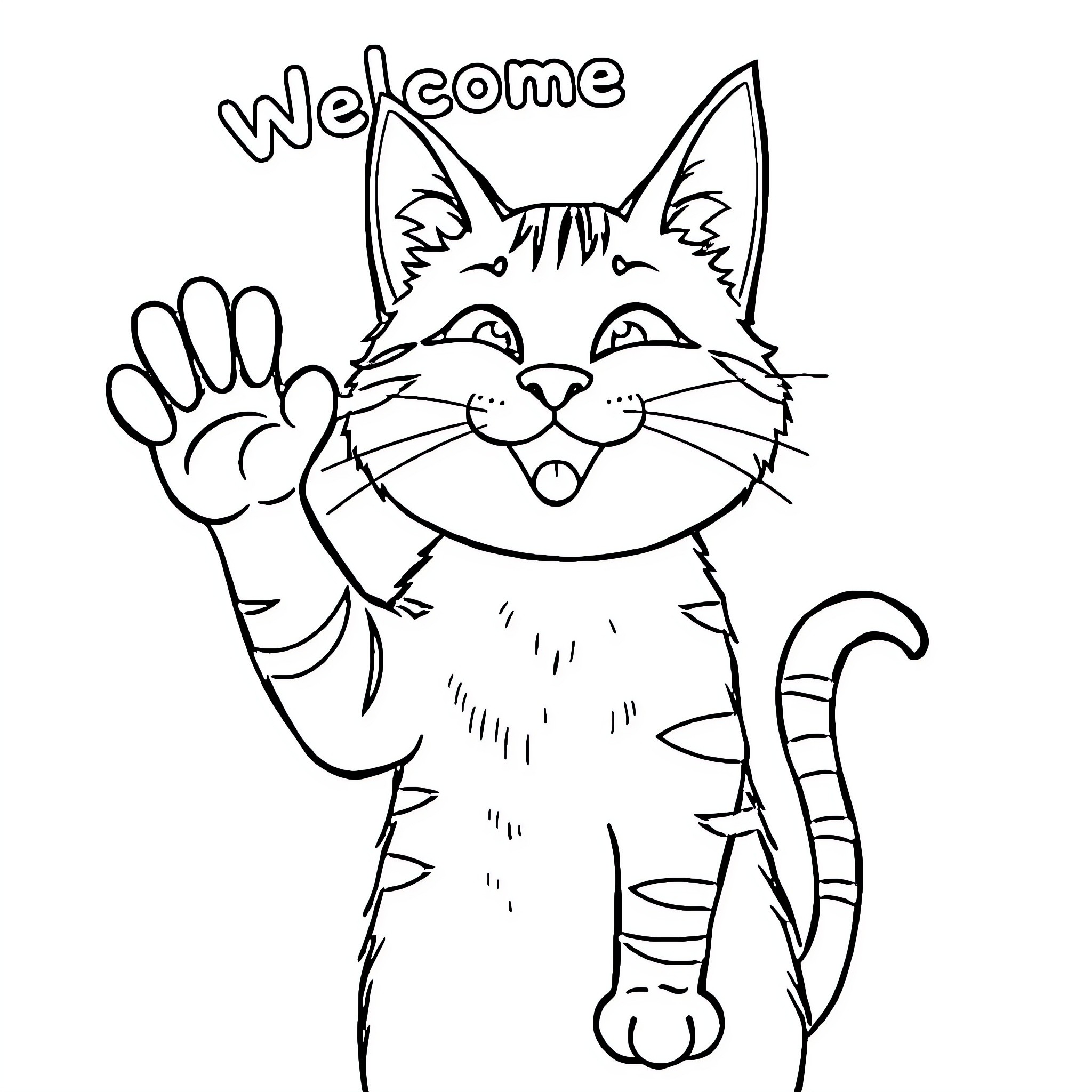 Simon's Cat Waving Hello Coloring Page (free black-and-white line drawing printable PDF for all, from beginners to advanced learners, including children, teens, adults, and seniors)