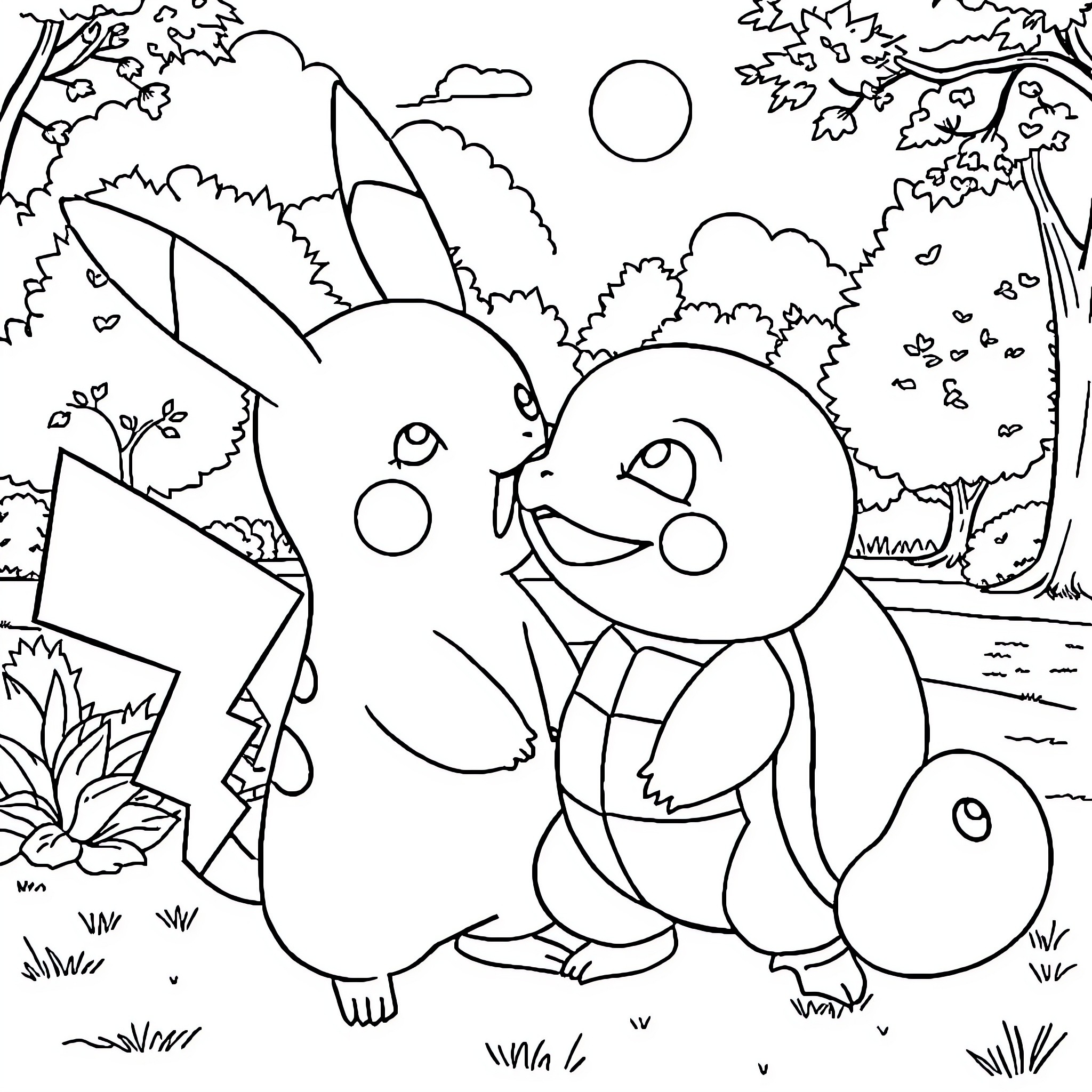 Pikachu and Piplup happily exploring the forest Coloring Page (free black-and-white line drawing printable PDF for all, from beginners to advanced learners, including children, teens, adults, and seniors)