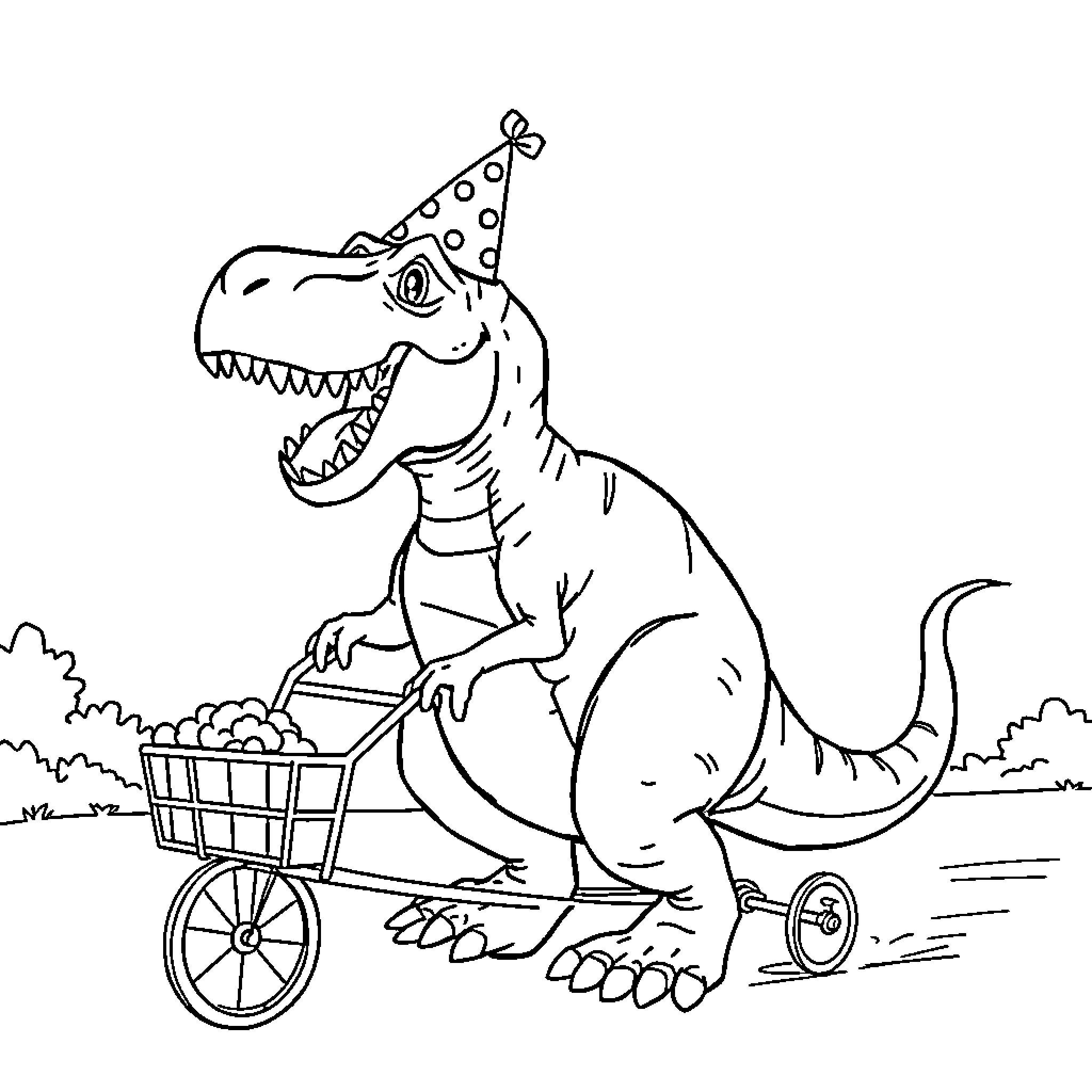 T-Rex Celebrates with a Party Cart Coloring Page (free black-and-white line drawing printable PDF for all, from beginners to advanced learners, including children, teens, adults, and seniors)