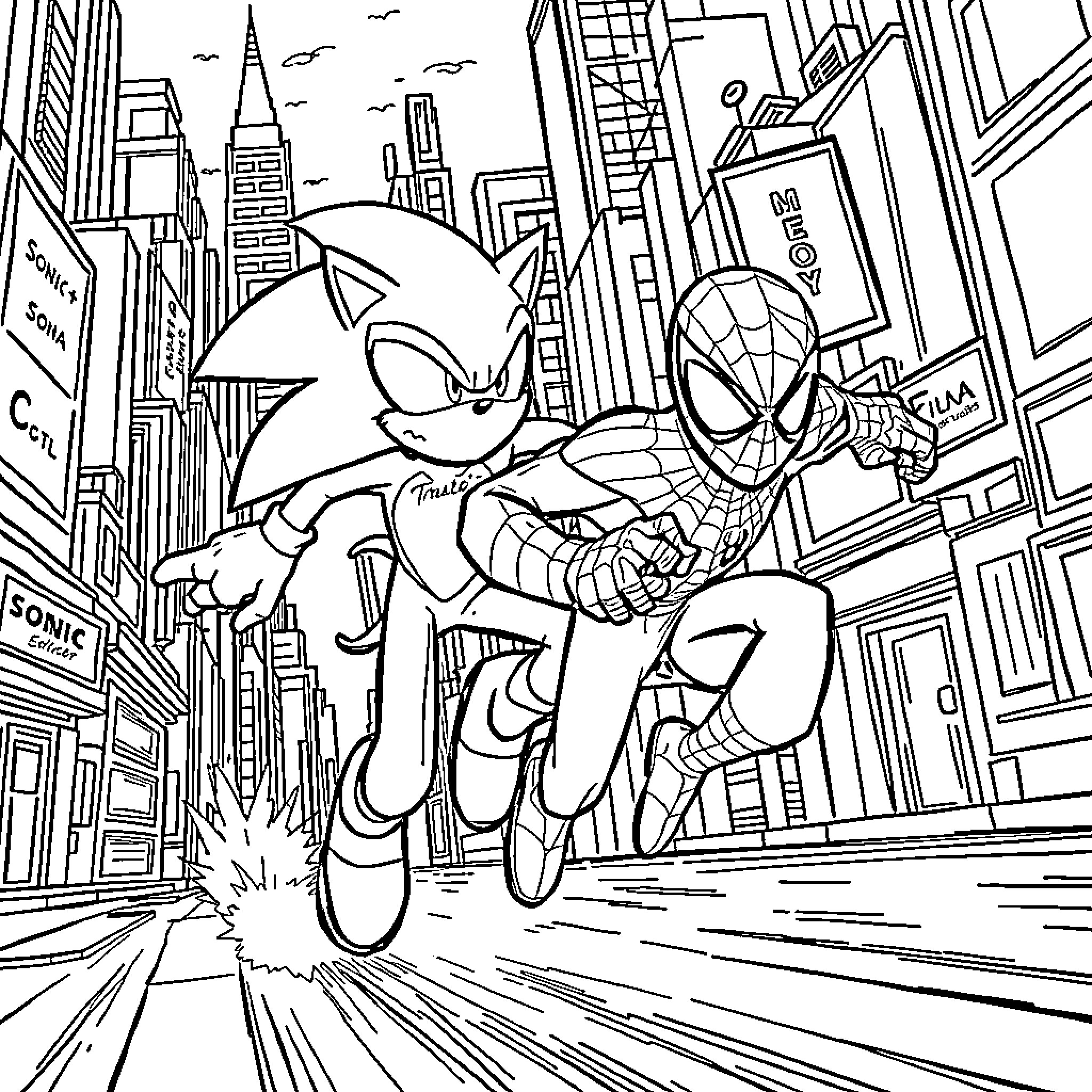 Spiderman and Sonic the Hedgehog racing through city Coloring Page (free black-and-white line drawing printable PDF for all, from beginners to advanced learners, including children, teens, adults, and seniors)
