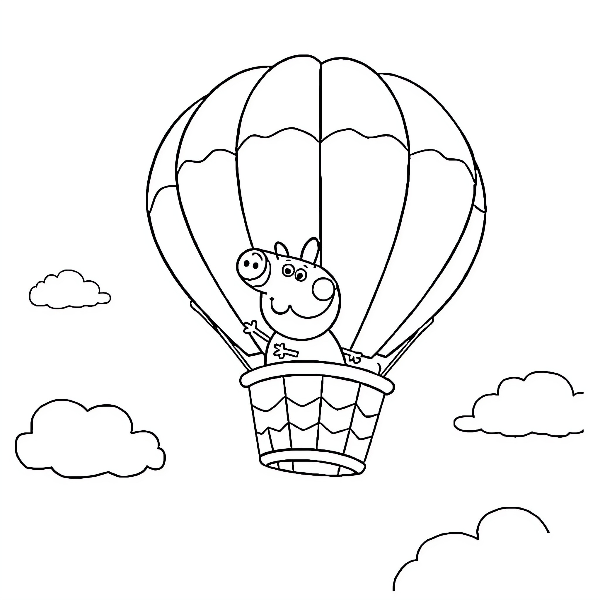 Peppa Pig enjoys a ride in a hot air balloon Coloring Page (free black-and-white line drawing printable PDF for all, from beginners to advanced learners, including children, teens, adults, and seniors)