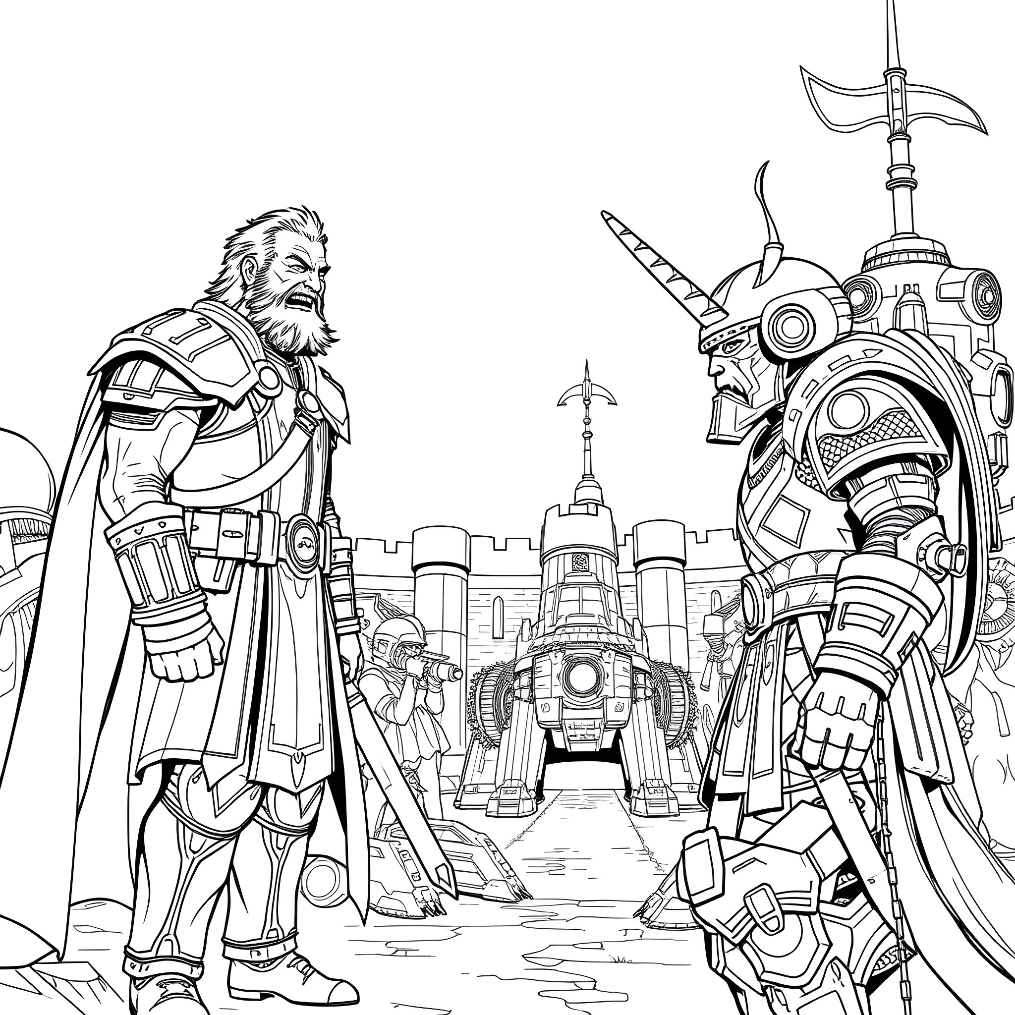 Rogal Dorn leading an Imperial Army in a futuristic battle Coloring Page (free black-and-white line drawing printable PDF for all, from beginners to advanced learners, including children, teens, adults, and seniors)