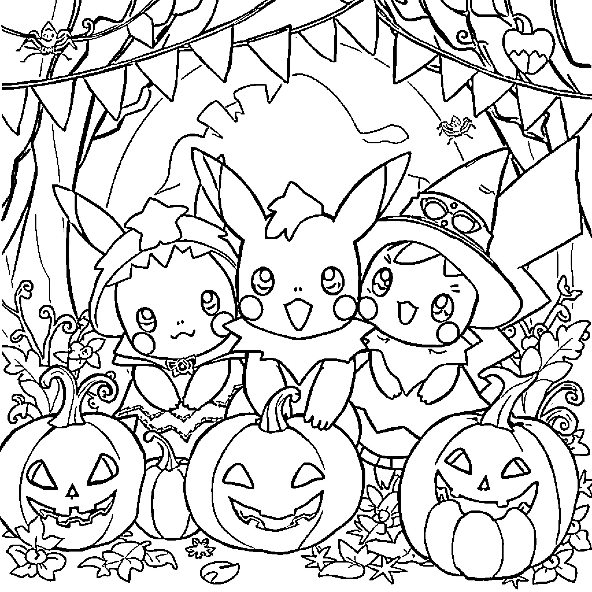 Pokémon characters celebrating Halloween with jack-o'-lanterns Coloring Page (free black-and-white line drawing printable PDF for all, from beginners to advanced learners, including children, teens, adults, and seniors)