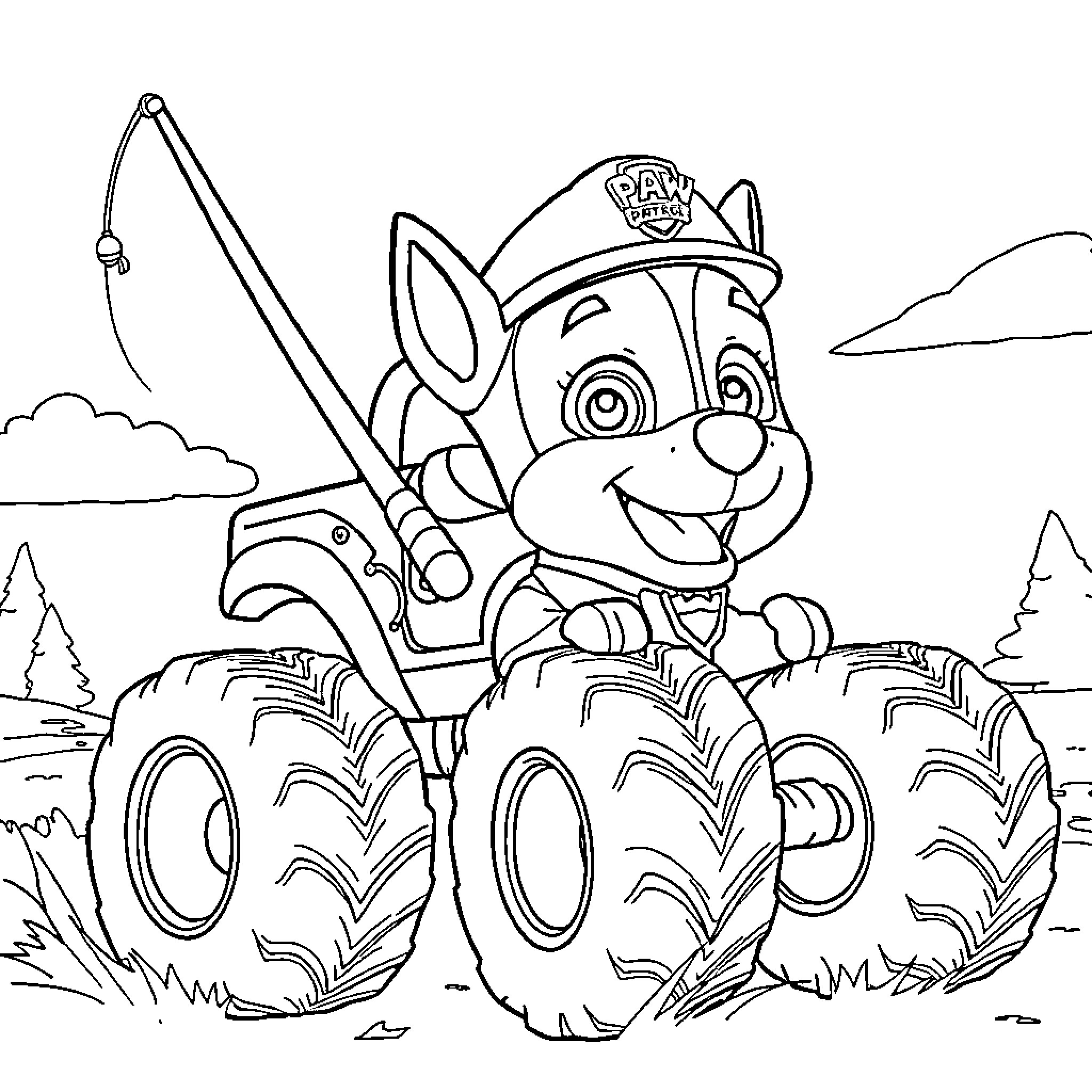 Chase the Pup Explore the Outdoors Coloring Page (free black-and-white line drawing printable PDF for all, from beginners to advanced learners, including children, teens, adults, and seniors)