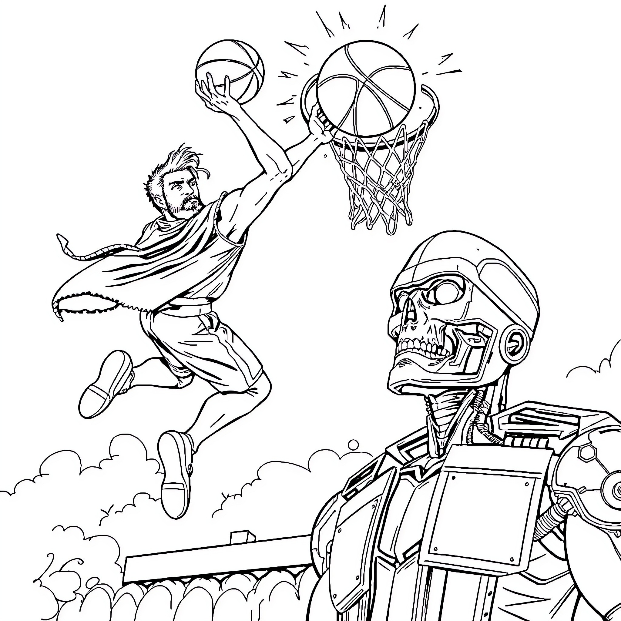 Neo's Futuristic Basketball Dunk Against Robotic Opponent Coloring Page (free black-and-white line drawing printable PDF for all, from beginners to advanced learners, including children, teens, adults, and seniors)