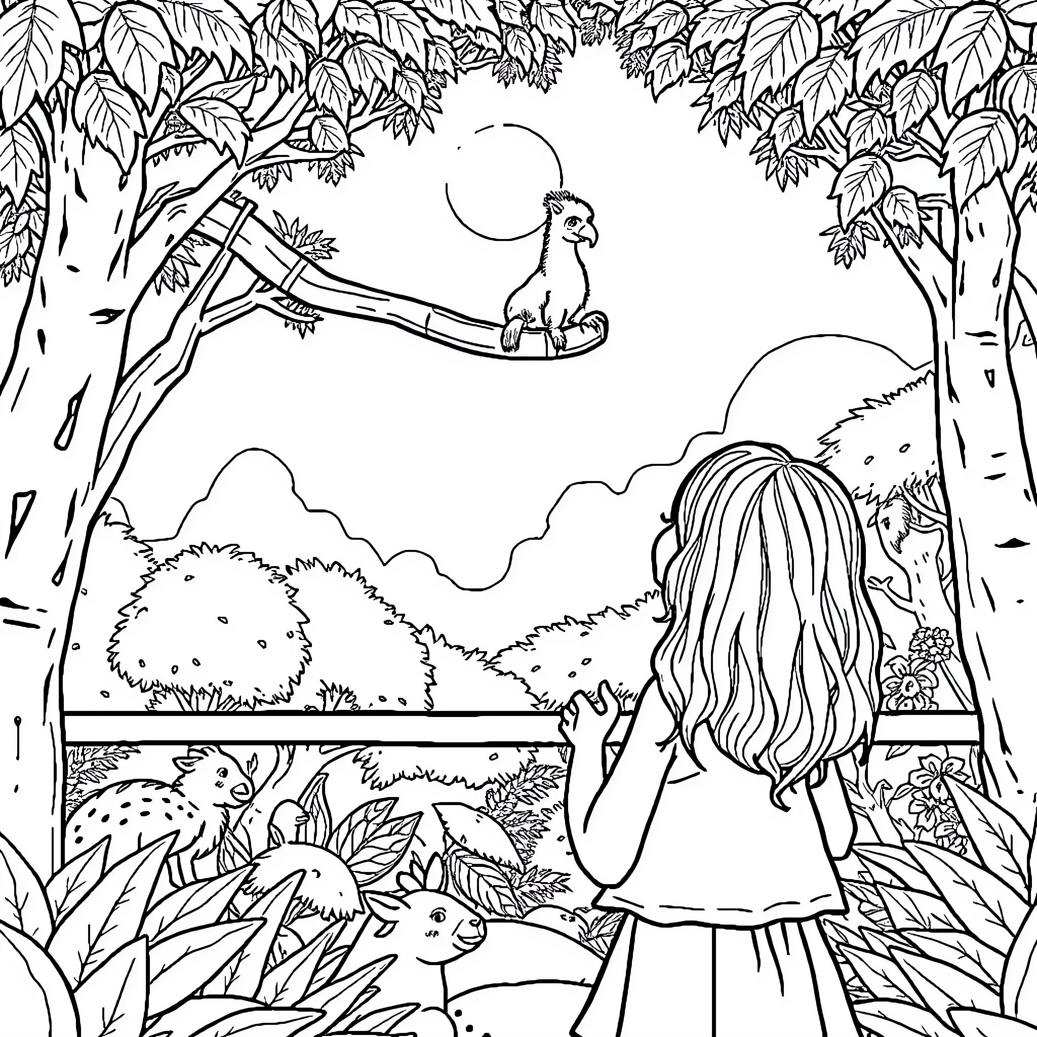 Girl exploring the enchanting forest with animals Coloring Page (free black-and-white line drawing printable PDF for all, from beginners to advanced learners, including children, teens, adults, and seniors)