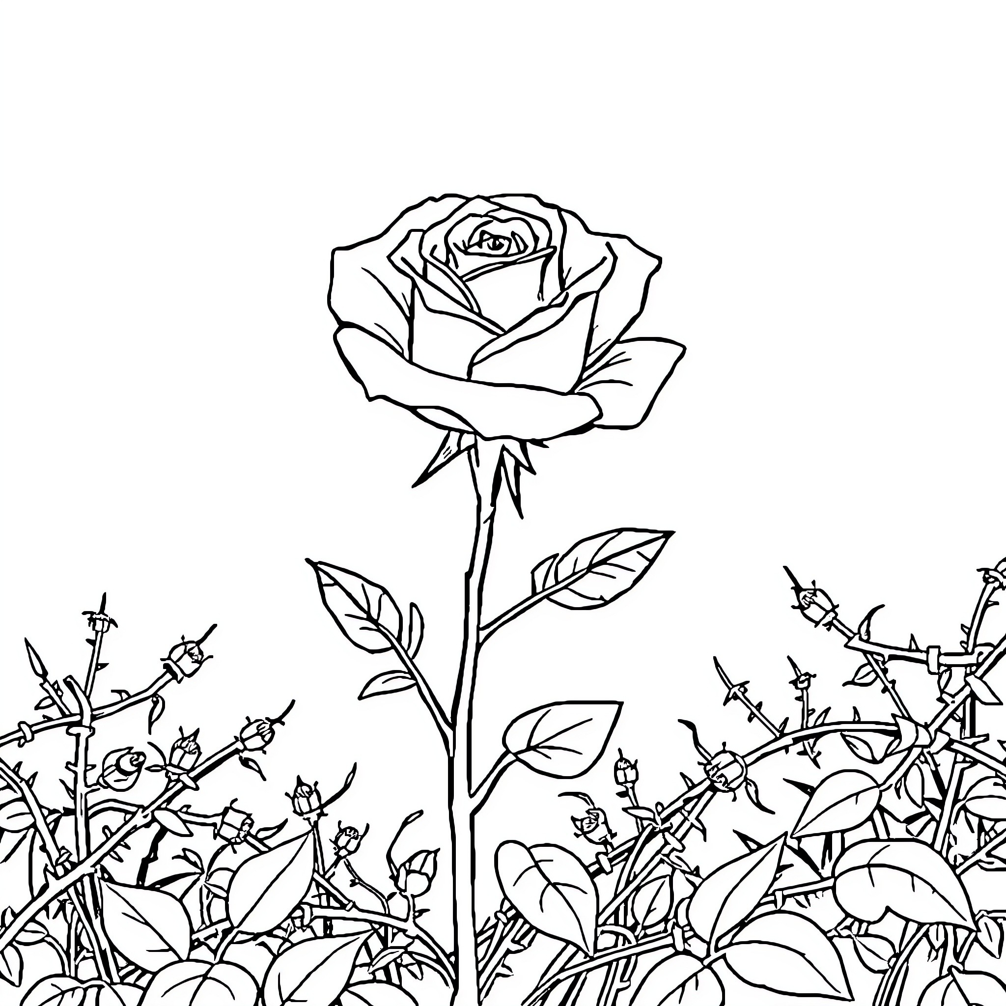 Rose blooming amidst lush garden foliage Coloring Page (free black-and-white line drawing printable PDF for all, from beginners to advanced learners, including children, teens, adults, and seniors)