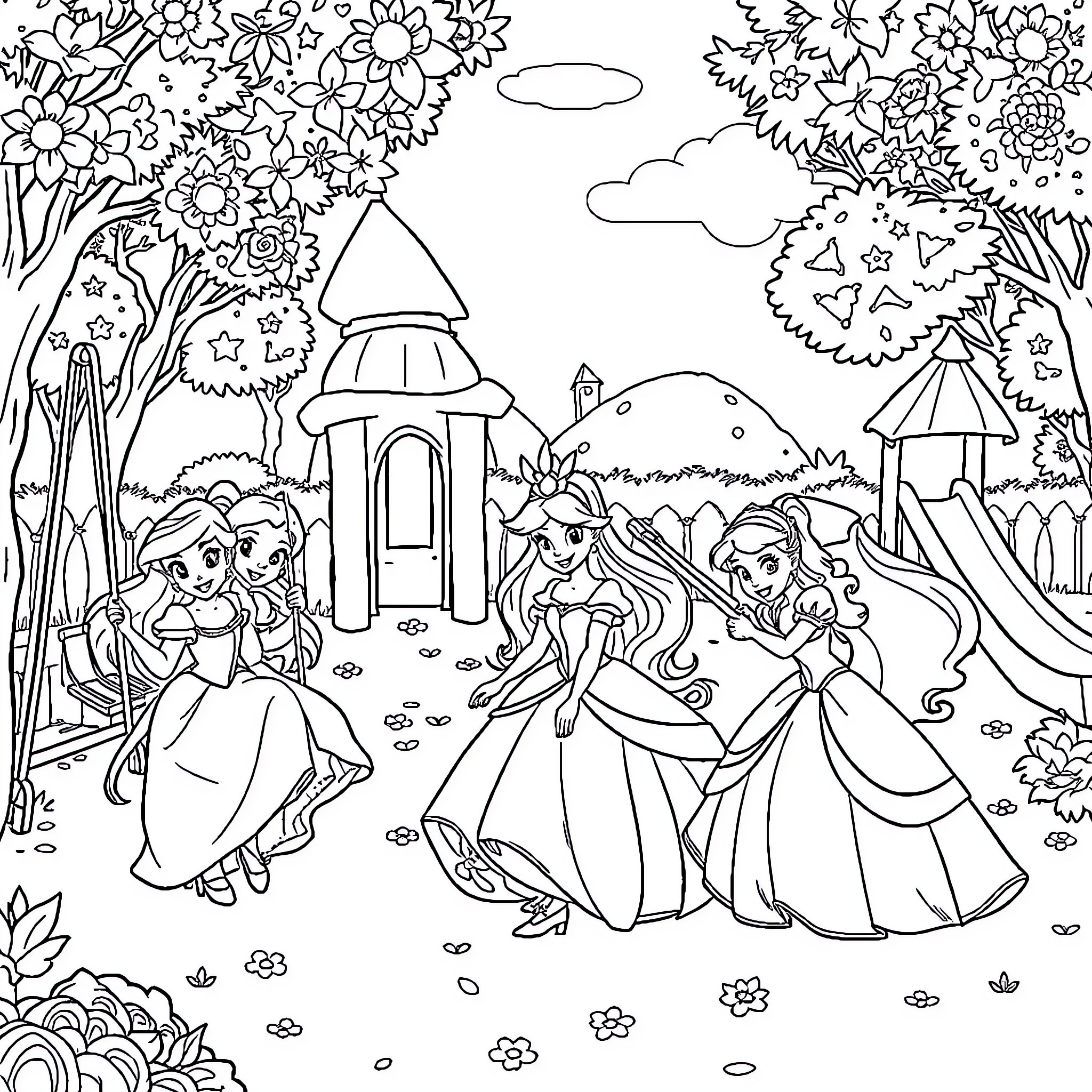 Disney Princess Enjoying Magical Garden Gathering Coloring Page (free black-and-white line drawing printable PDF for all, from beginners to advanced learners, including children, teens, adults, and seniors)