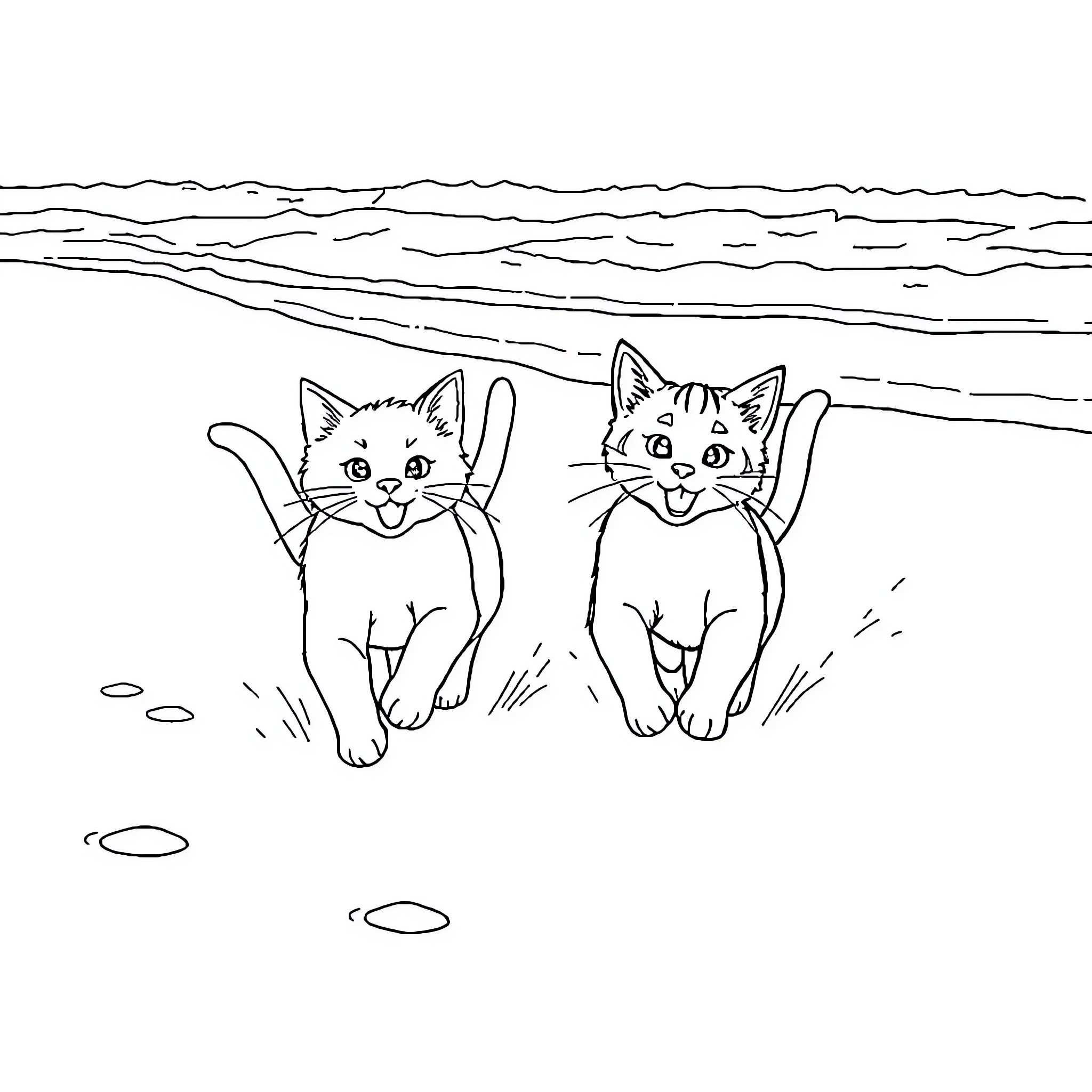 Cats playing cheerfully on the beach Coloring Page (free black-and-white line drawing printable PDF for all, from beginners to advanced learners, including children, teens, adults, and seniors)