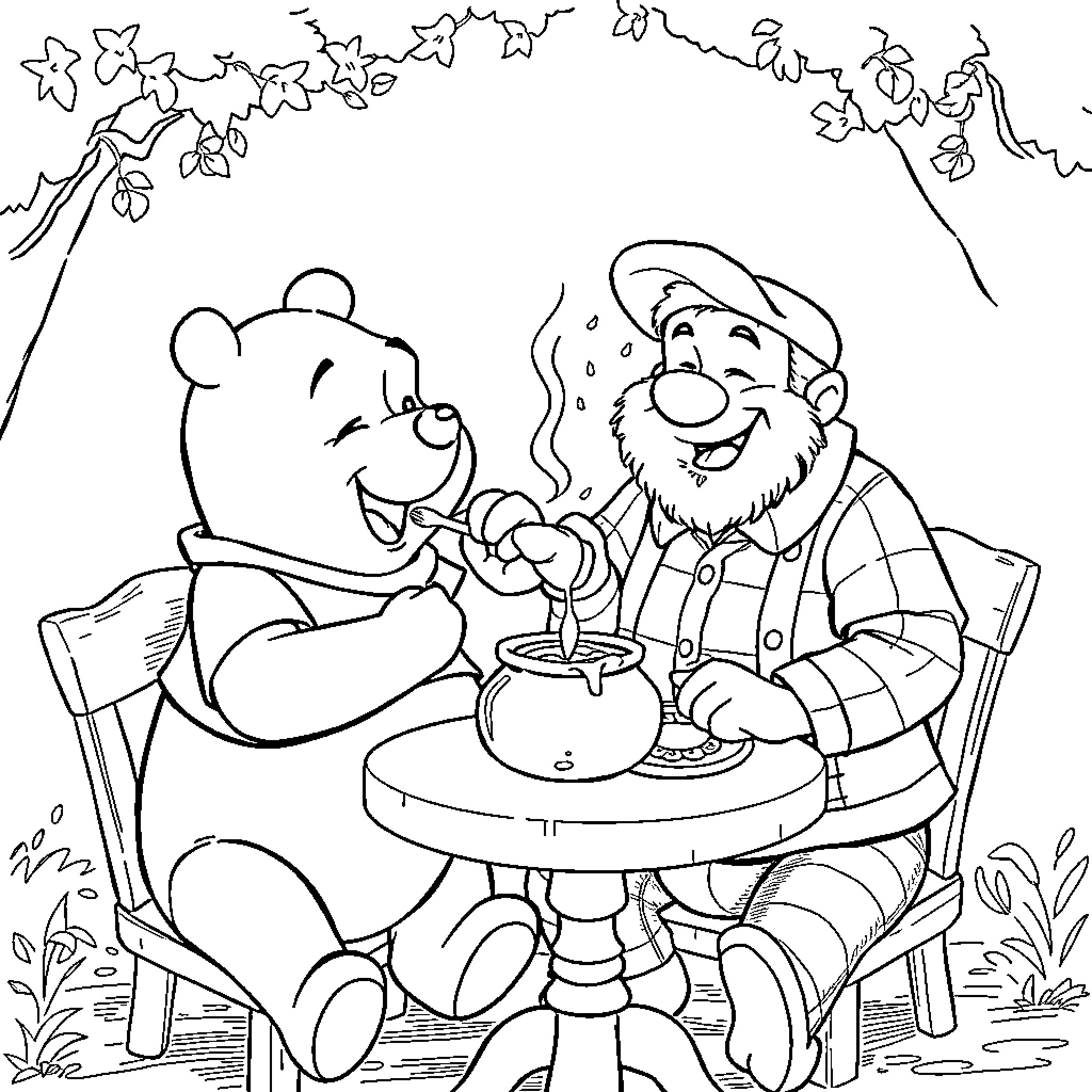 Winnie The Pooh enjoys tea with his friend Coloring Page (free black-and-white line drawing printable PDF for all, from beginners to advanced learners, including children, teens, adults, and seniors)
