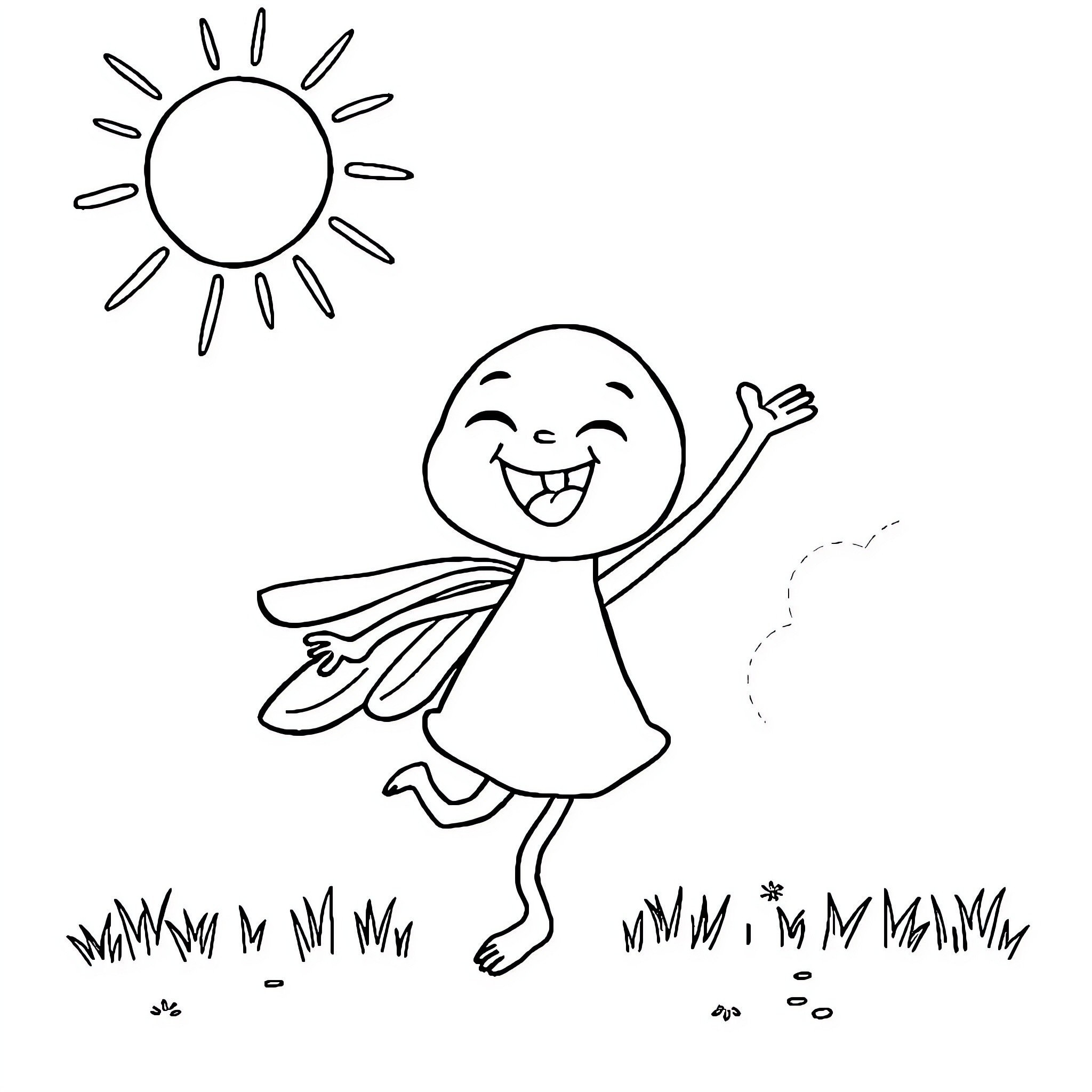 Labubu joyfully dancing in the sunshine Coloring Page (free black-and-white line drawing printable PDF for all, from beginners to advanced learners, including children, teens, adults, and seniors)