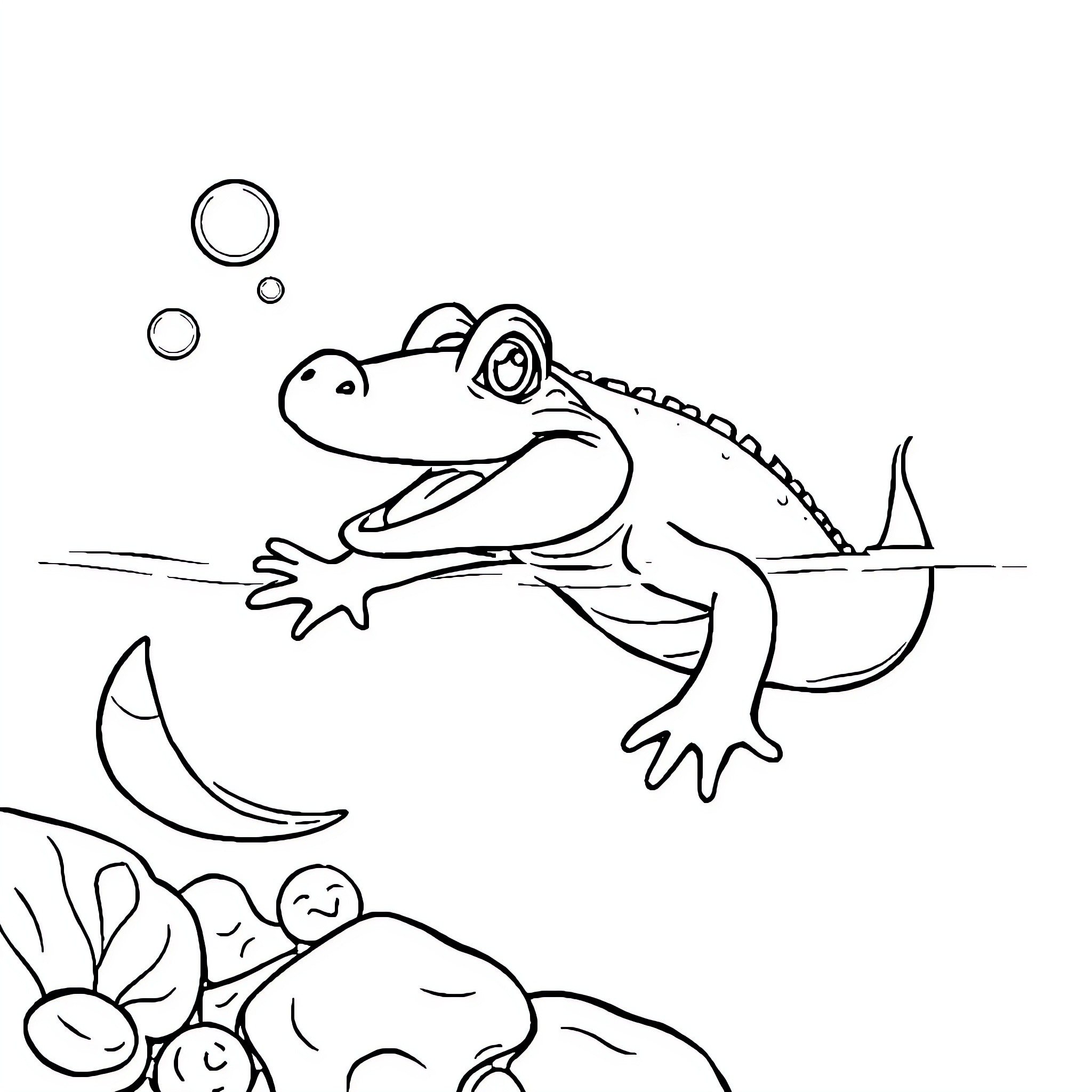 Baby Crocodile Playing Happily in Water Coloring Page (free black-and-white line drawing printable PDF for all, from beginners to advanced learners, including children, teens, adults, and seniors)
