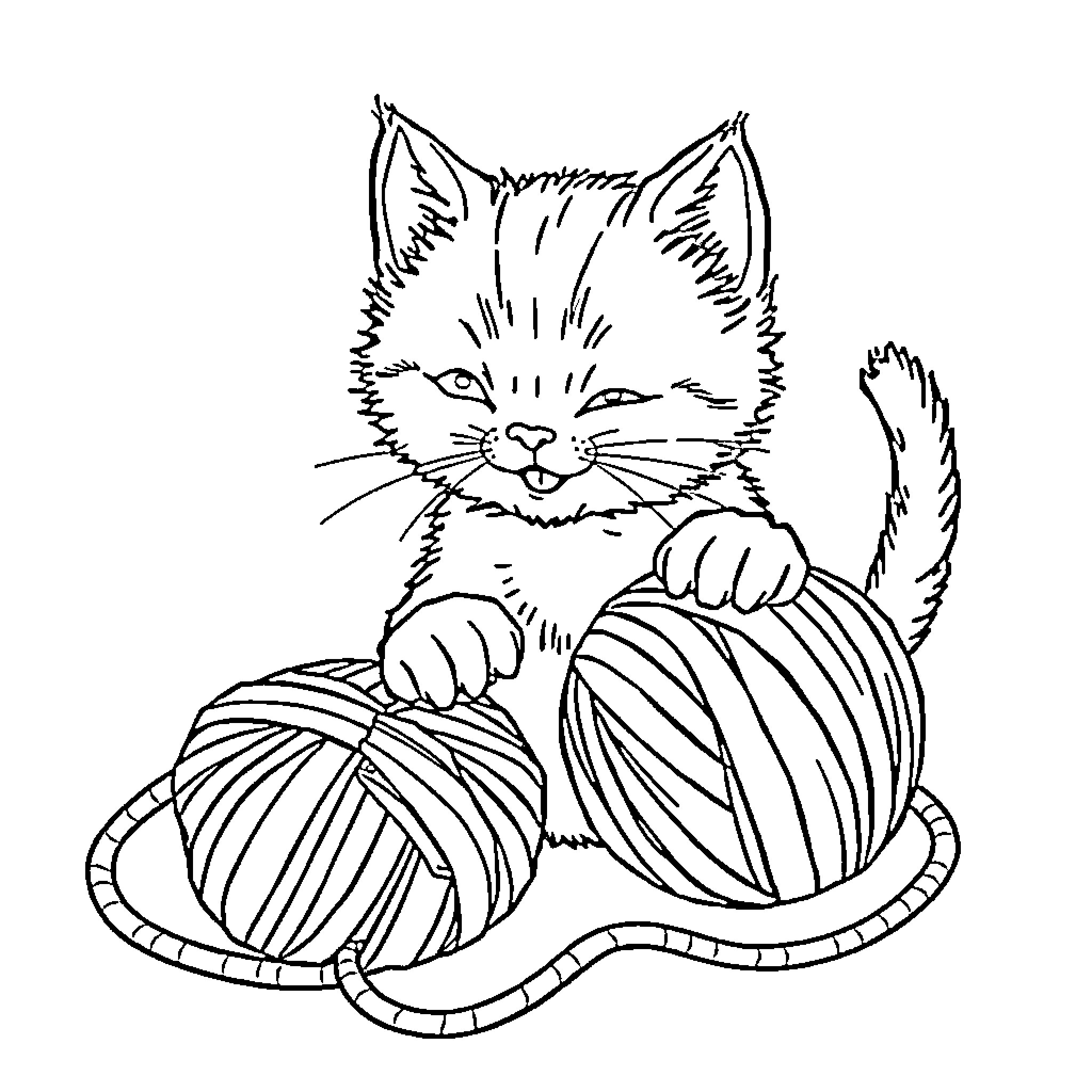 Kitty Playing with Yarn Coloring Page (free black-and-white line drawing printable PDF for all, from beginners to advanced learners, including children, teens, adults, and seniors)
