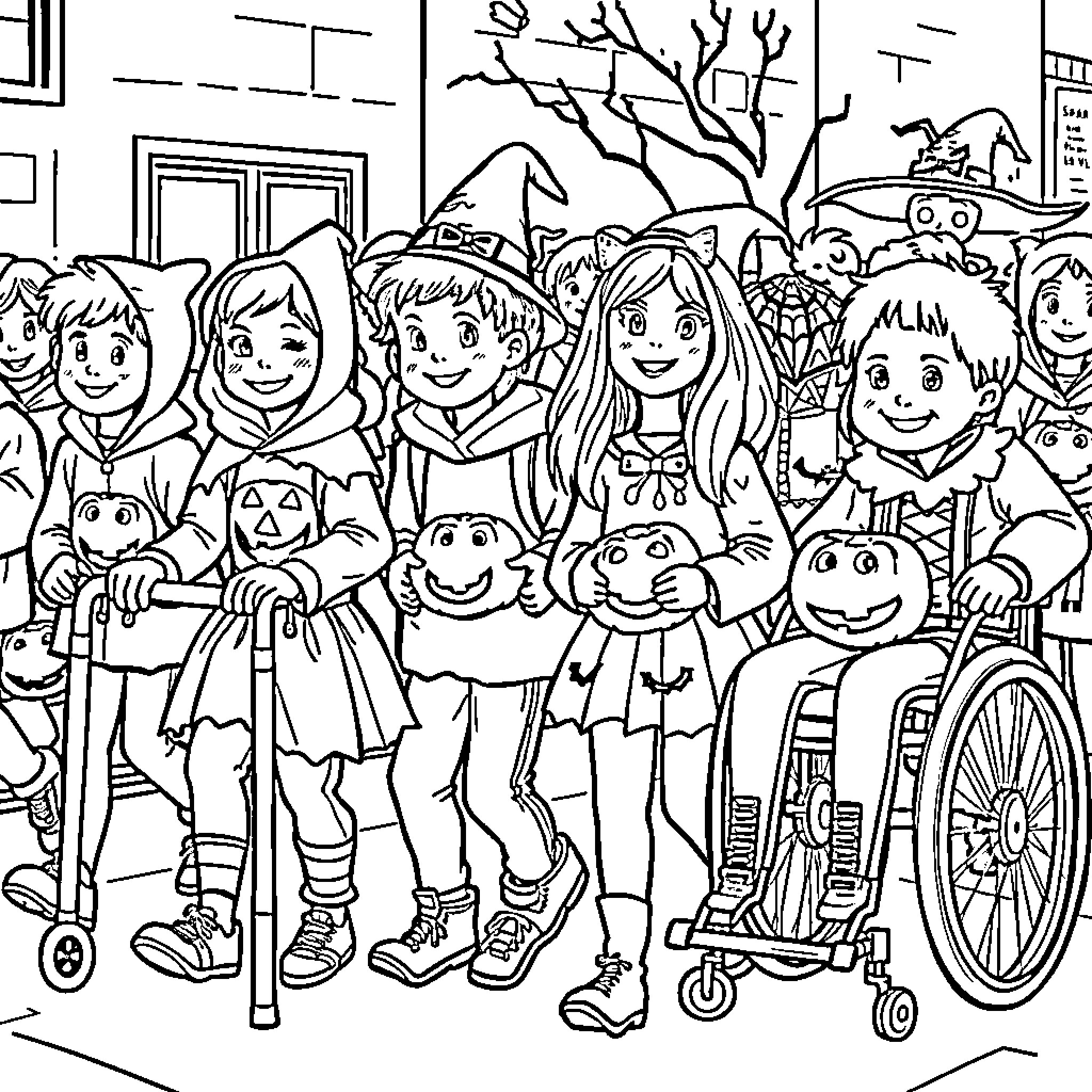 Student costumes and characters in Halloween parade Coloring Page (free black-and-white line drawing printable PDF for all, from beginners to advanced learners, including children, teens, adults, and seniors)