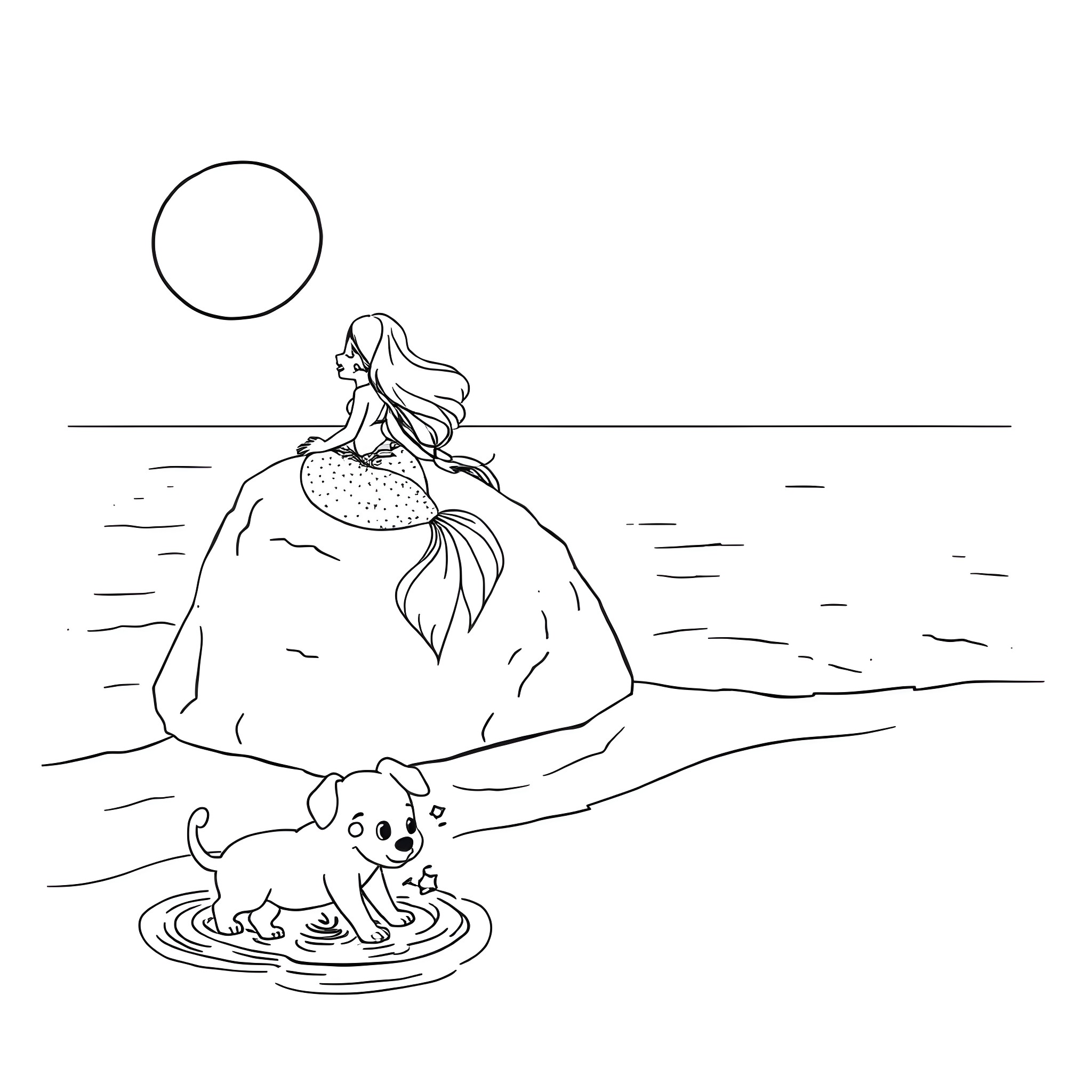 Mermaid relaxing with a puppy by the sea Coloring Page (free black-and-white line drawing printable PDF for all, from beginners to advanced learners, including children, teens, adults, and seniors)