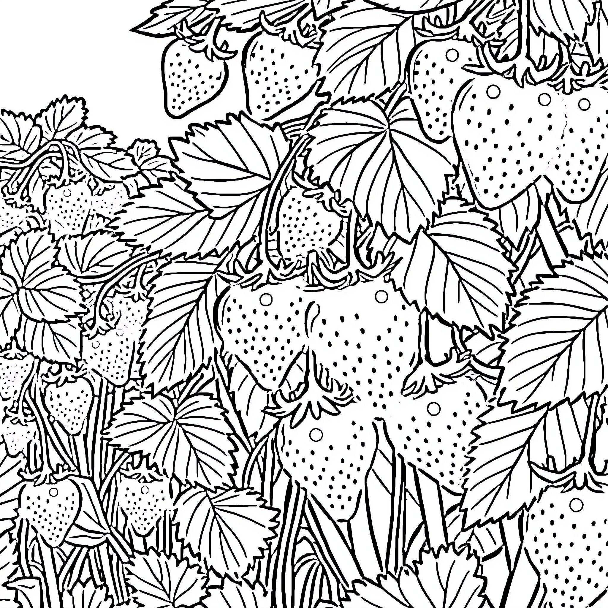 Strawberry Patch: An Artistic Garden Coloring Page (free black-and-white line drawing printable PDF for all, from beginners to advanced learners, including children, teens, adults, and seniors)