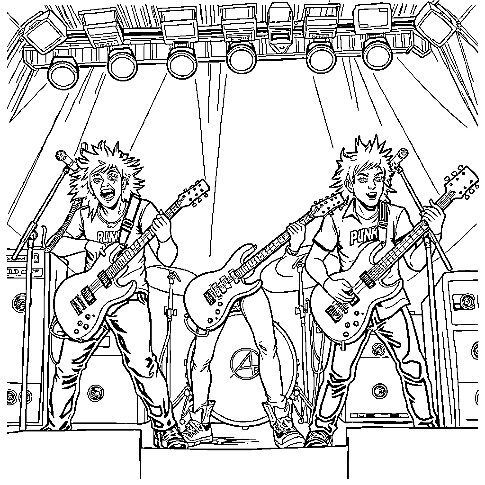 Band performing passionately on stage Coloring Page (free black-and-white line drawing printable PDF for all, from beginners to advanced learners, including children, teens, adults, and seniors)