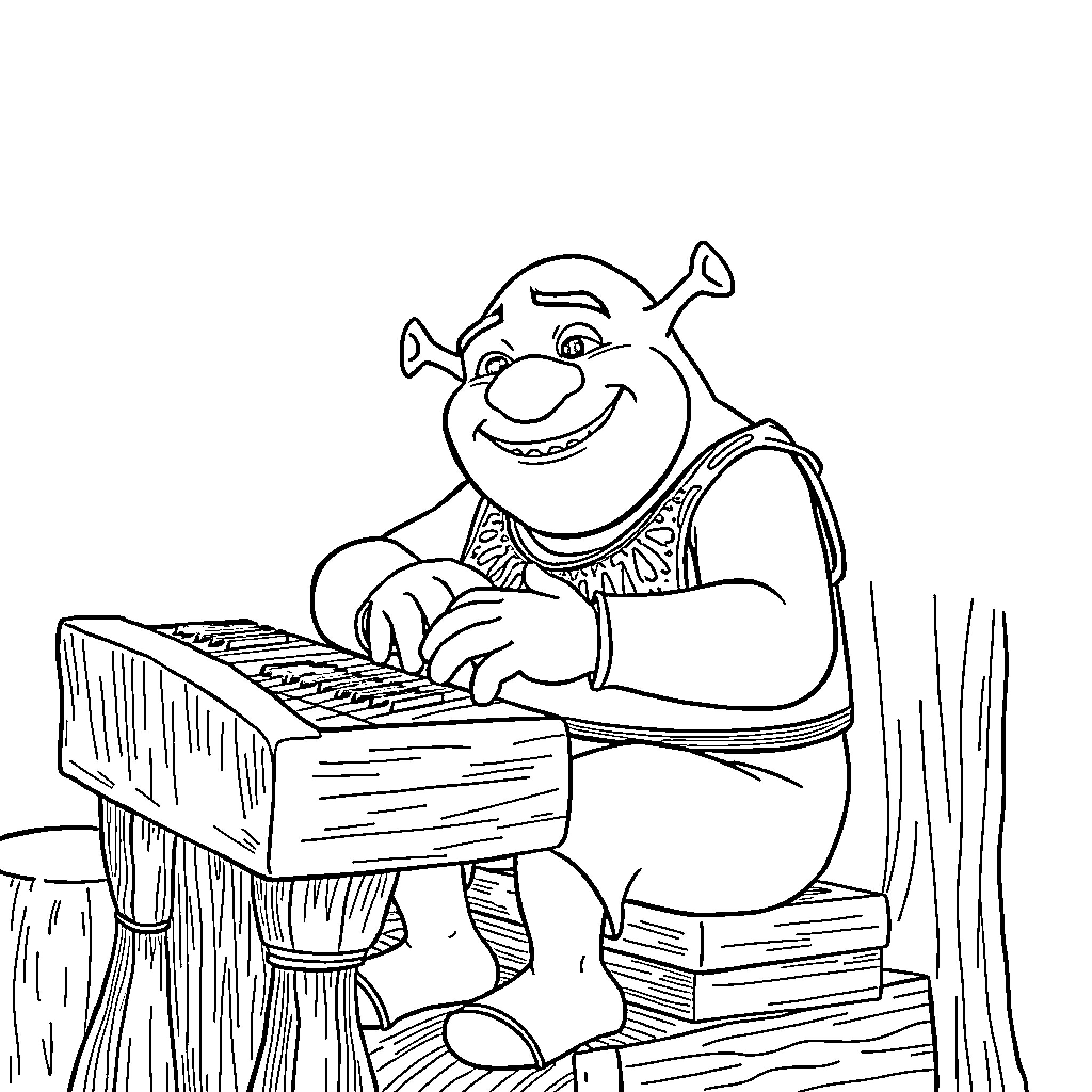 Shrek playing joyfully on the keyboard Coloring Page (free black-and-white line drawing printable PDF for all, from beginners to advanced learners, including children, teens, adults, and seniors)