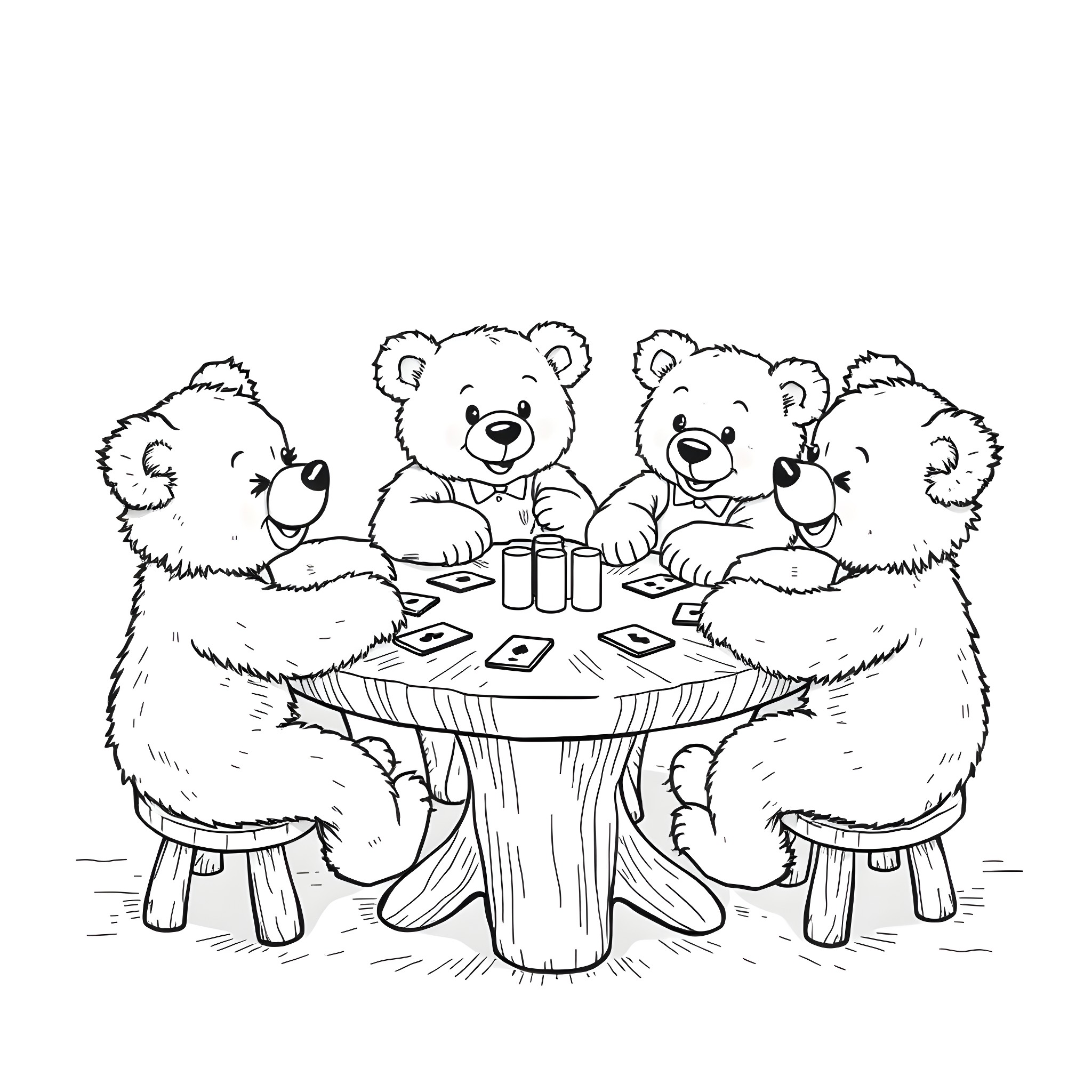 Teddy Bears Playing a Board Game Together Coloring Page (free black-and-white line drawing printable PDF for all, from beginners to advanced learners, including children, teens, adults, and seniors)
