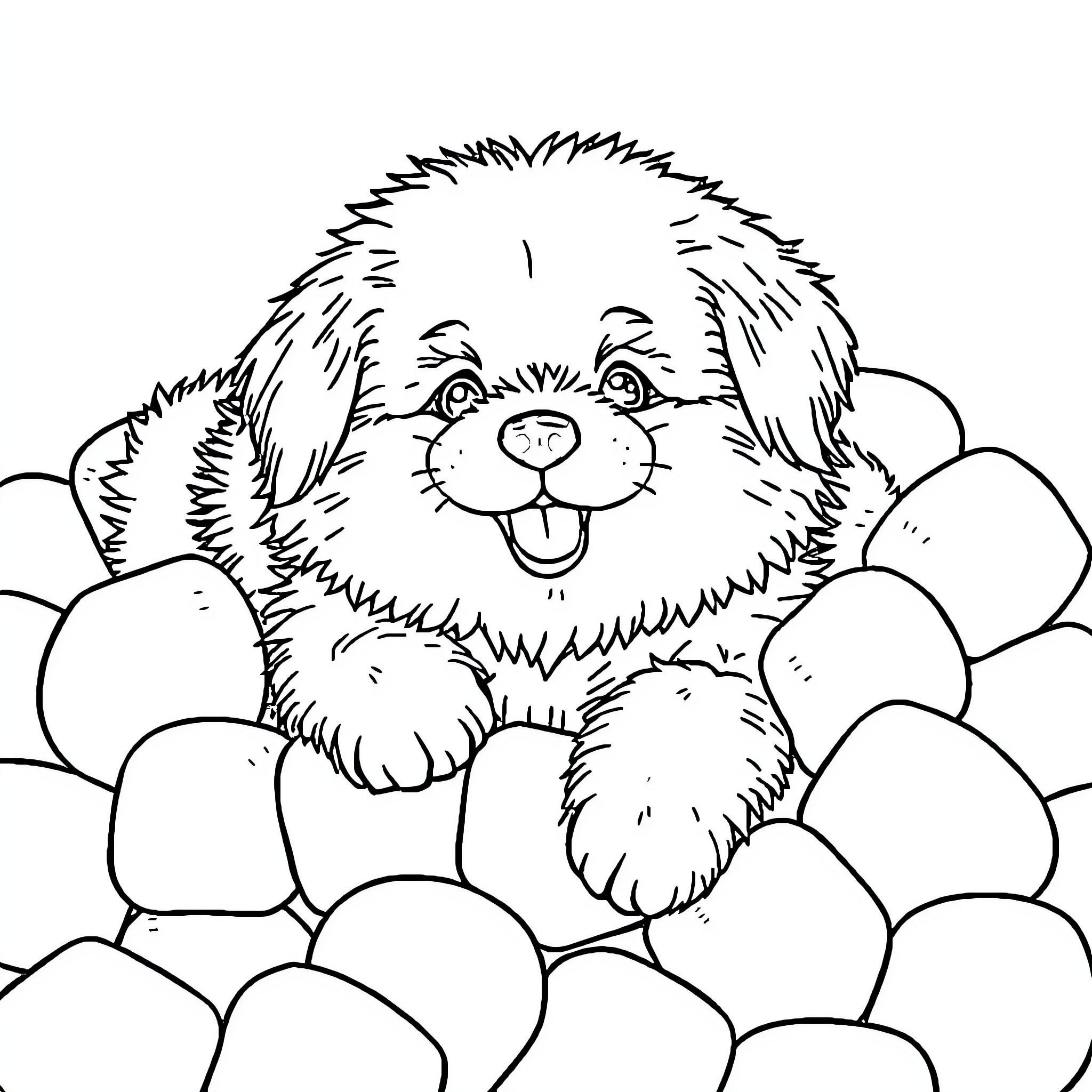 Dog happily playing in the snow Coloring Page (free black-and-white line drawing printable PDF for all, from beginners to advanced learners, including children, teens, adults, and seniors)