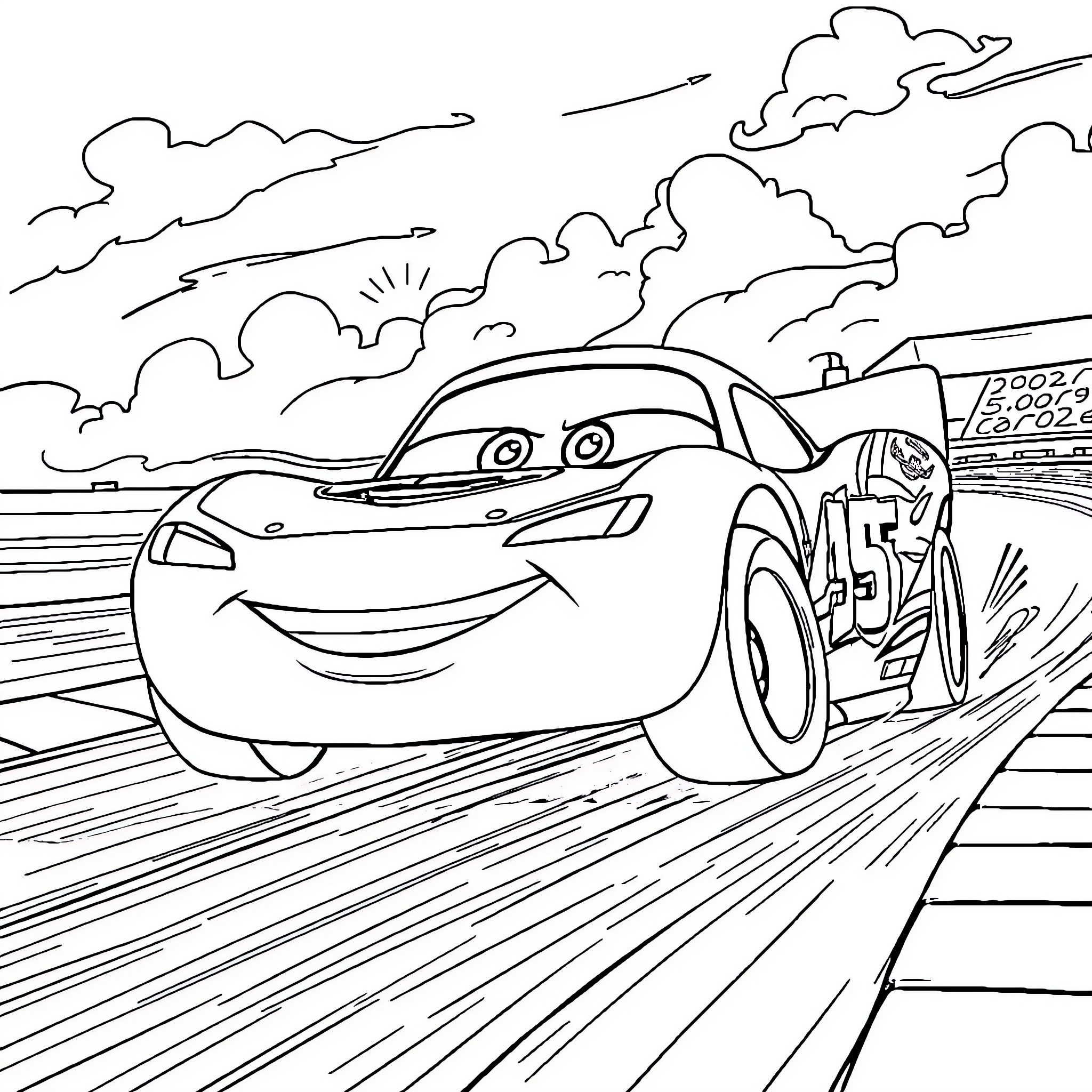 Lightning McQueen racing on the track with speed and excitement Coloring Page (free black-and-white line drawing printable PDF for all, from beginners to advanced learners, including children, teens, adults, and seniors)