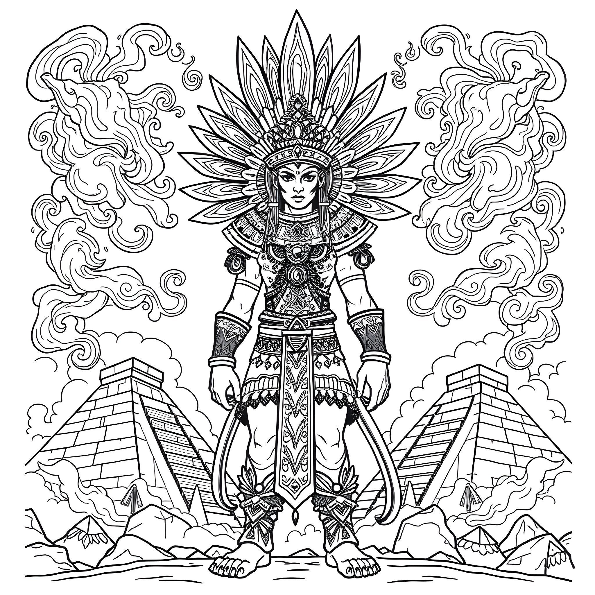 Aztec God Commanding Attention with Majestic Headdress Coloring Page (free black-and-white line drawing printable PDF for all, from beginners to advanced learners, including children, teens, adults, and seniors)