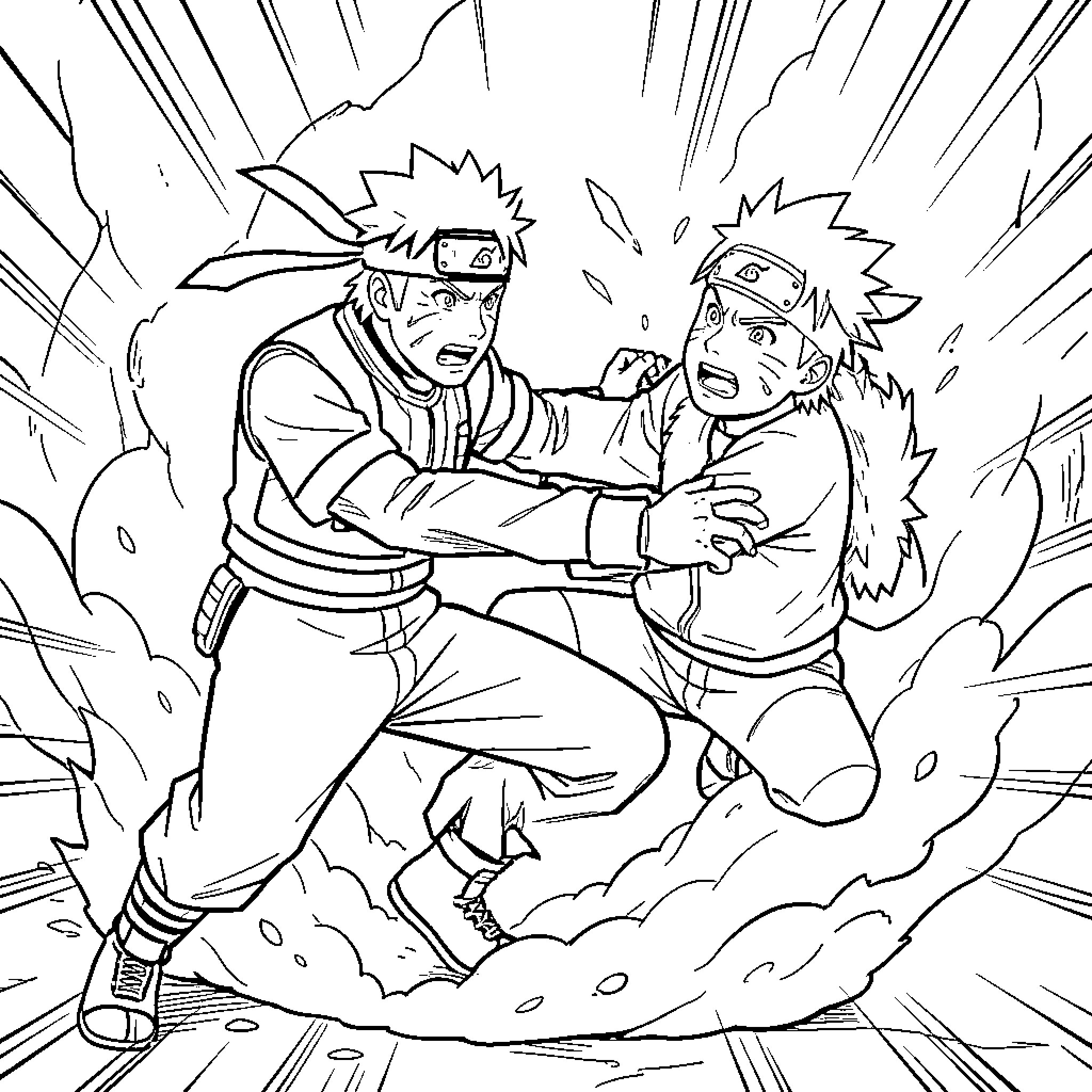 Naruto characters in intense battle scene Coloring Page (free black-and-white line drawing printable PDF for all, from beginners to advanced learners, including children, teens, adults, and seniors)