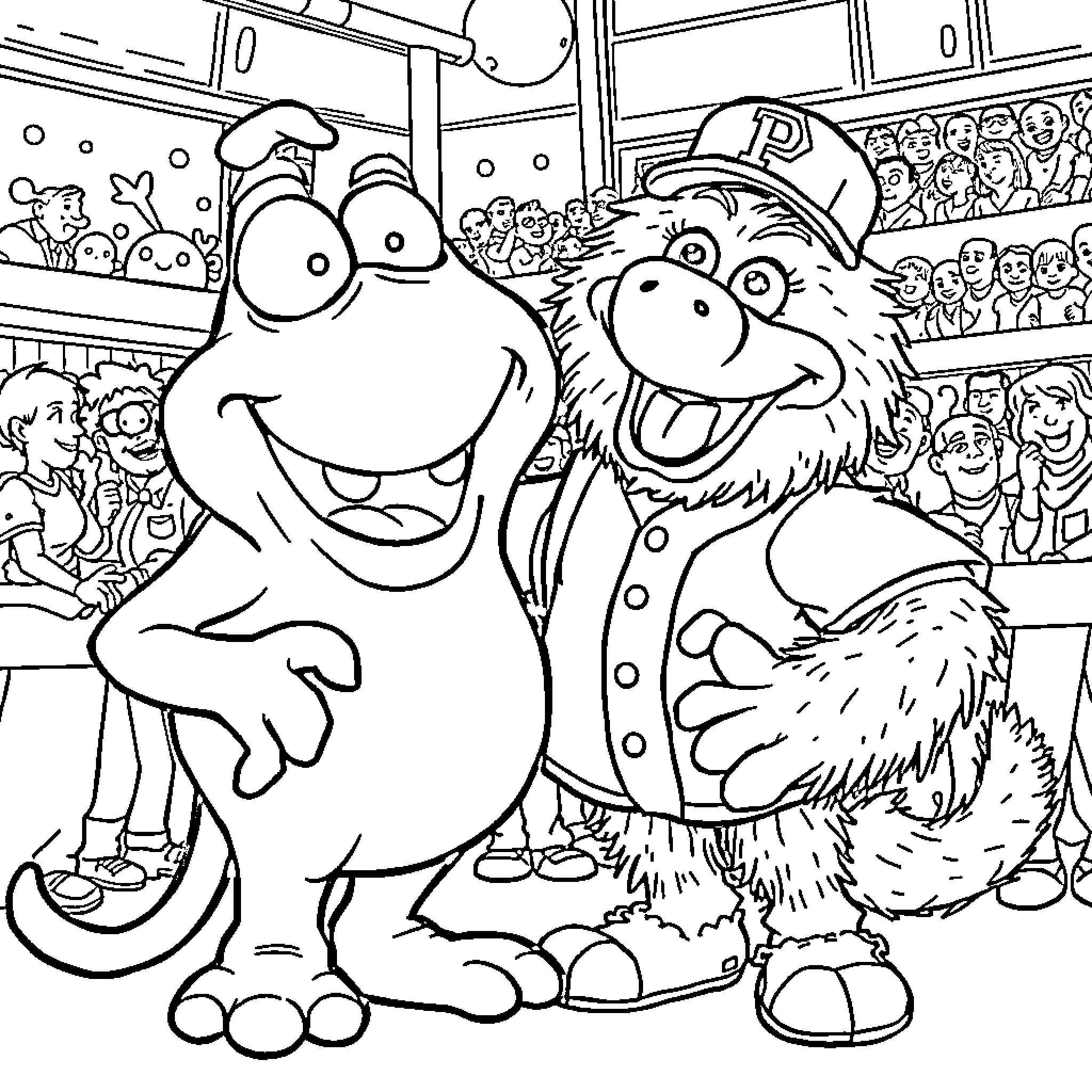 Slimer performing on stage with a furry co-star Coloring Page (free black-and-white line drawing printable PDF for all, from beginners to advanced learners, including children, teens, adults, and seniors)