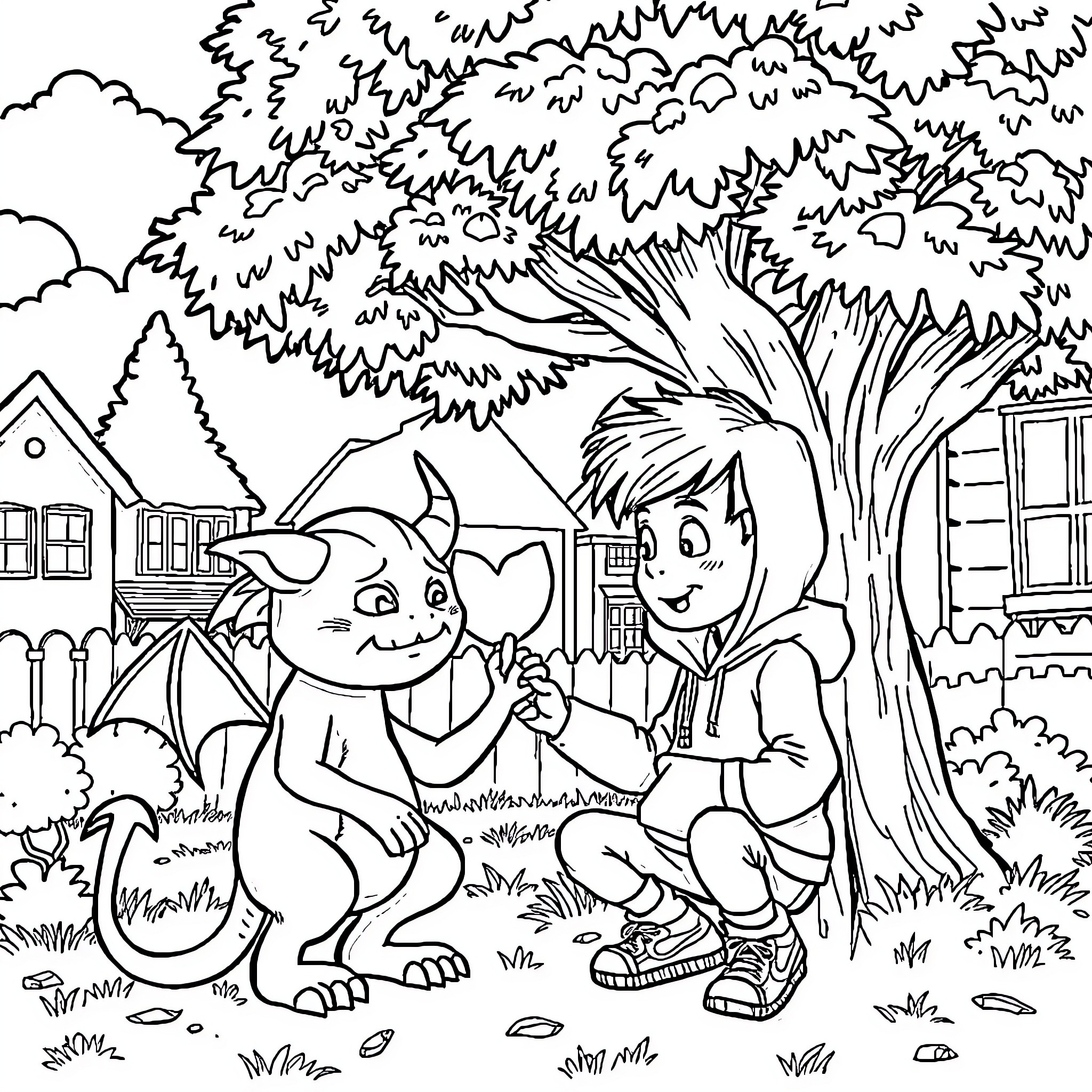 Boy and Creature Playing Outdoors Coloring Page (free black-and-white line drawing printable PDF for all, from beginners to advanced learners, including children, teens, adults, and seniors)