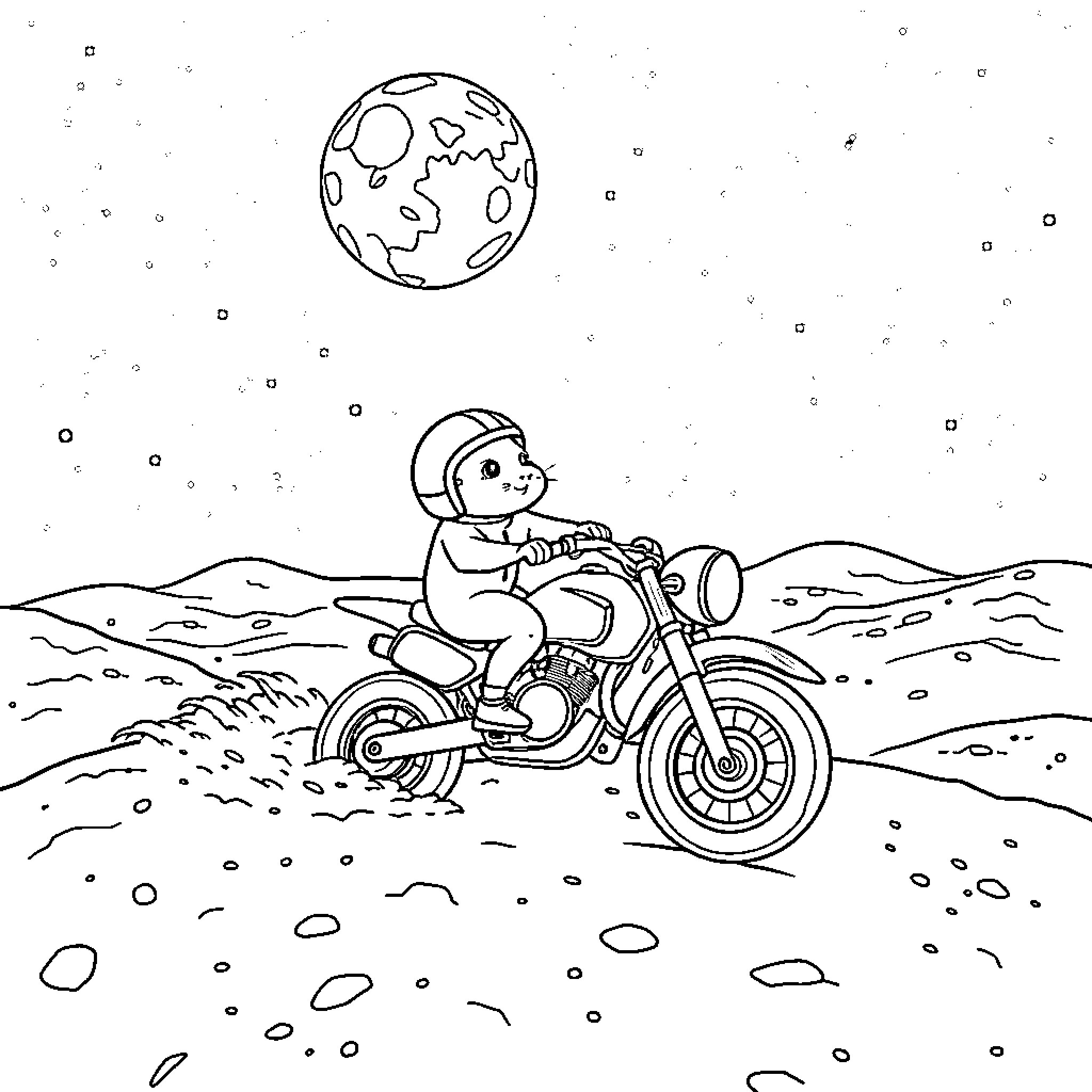 Hamster riding motorcycle on the moon Coloring Page (free black-and-white line drawing printable PDF for all, from beginners to advanced learners, including children, teens, adults, and seniors)