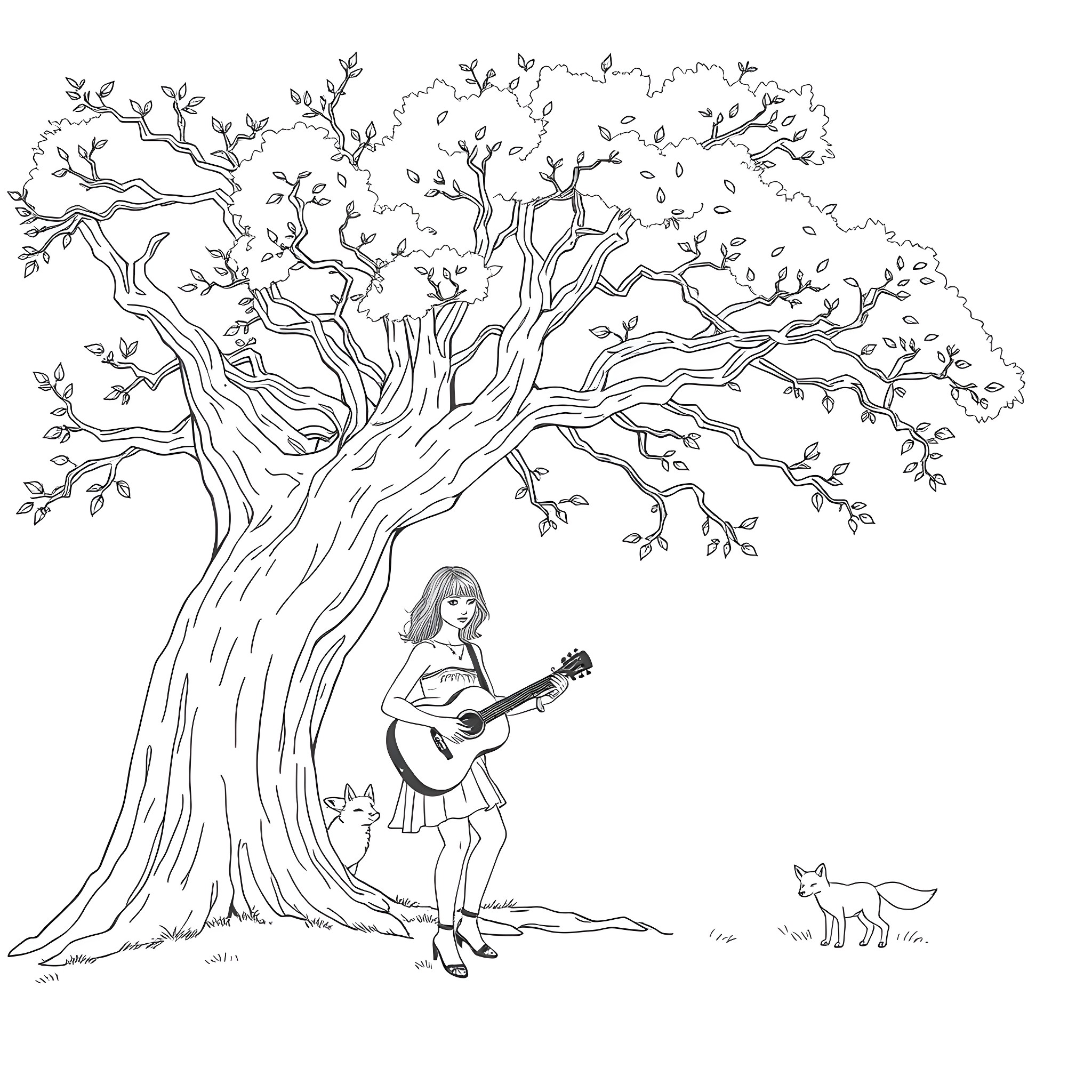 Fox playing guitar under the old tree Coloring Page (free black-and-white line drawing printable PDF for all, from beginners to advanced learners, including children, teens, adults, and seniors)