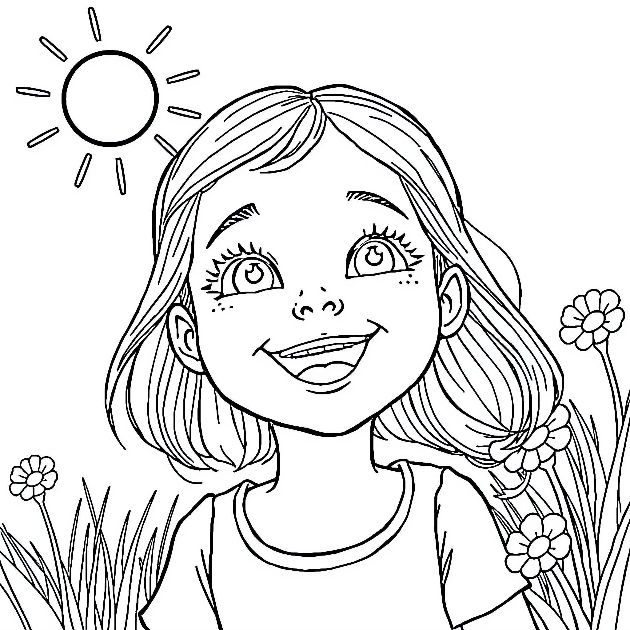 Girl enjoying sunny day with flowers Coloring Page (free black-and-white line drawing printable PDF for all, from beginners to advanced learners, including children, teens, adults, and seniors)