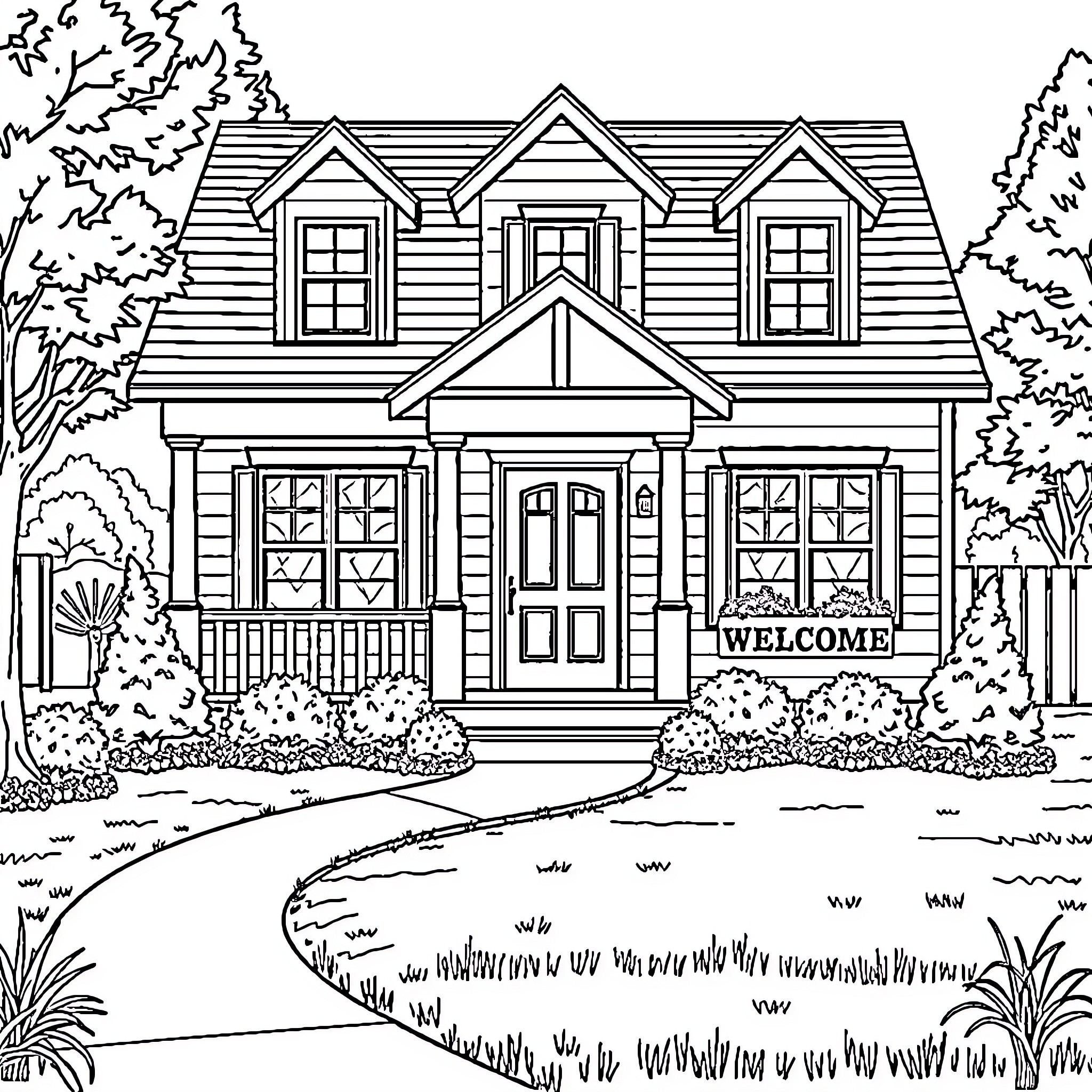 House with welcoming entrance and decorative exterior Coloring Page (free black-and-white line drawing printable PDF for all, from beginners to advanced learners, including children, teens, adults, and seniors)