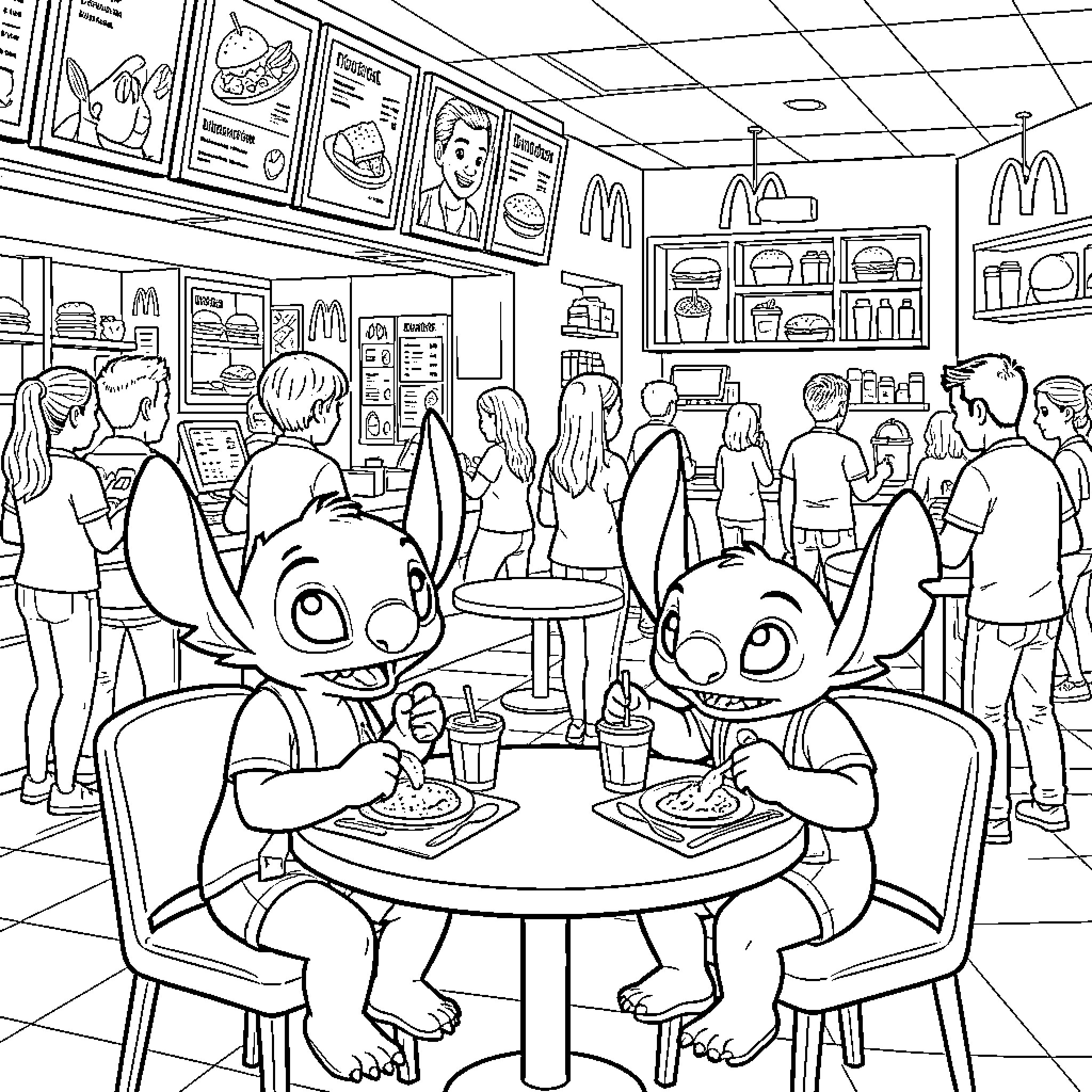 Lilo And Stitch eating meals at a fast food restaurant Coloring Page (free black-and-white line drawing printable PDF for all, from beginners to advanced learners, including children, teens, adults, and seniors)