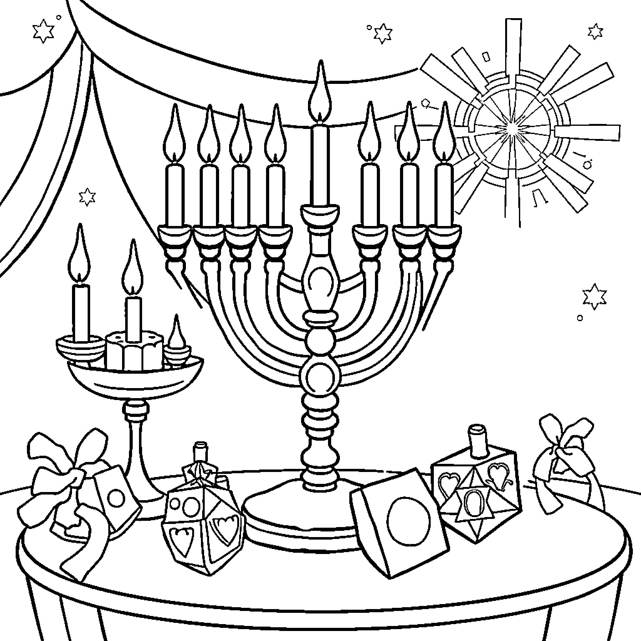 Chanukah celebration with menorah, candles, and decorations Coloring Page (free black-and-white line drawing printable PDF for all, from beginners to advanced learners, including children, teens, adults, and seniors)