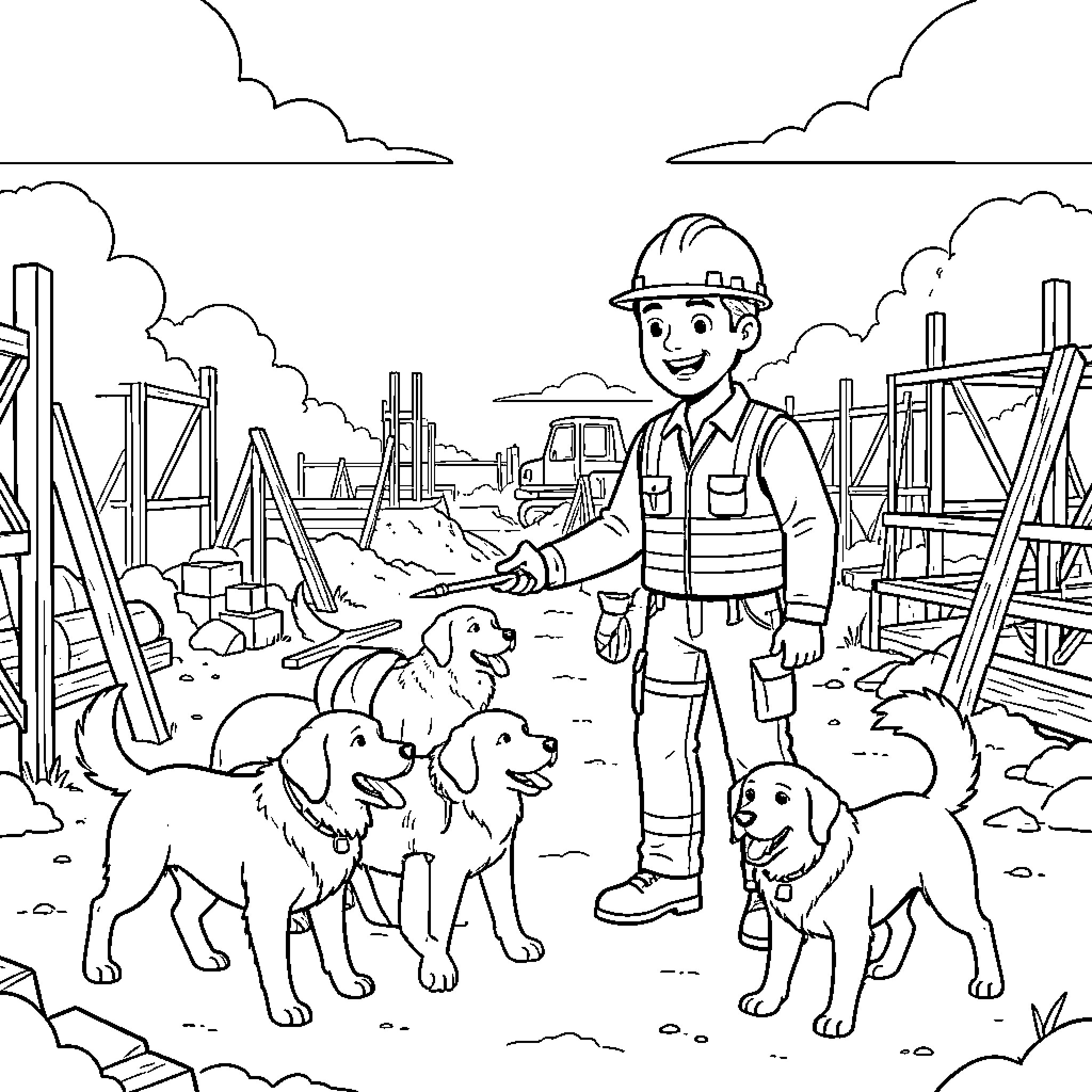Ryder's Construction Site Adventure with Loyal Canine Companions Coloring Page (free black-and-white line drawing printable PDF for all, from beginners to advanced learners, including children, teens, adults, and seniors)