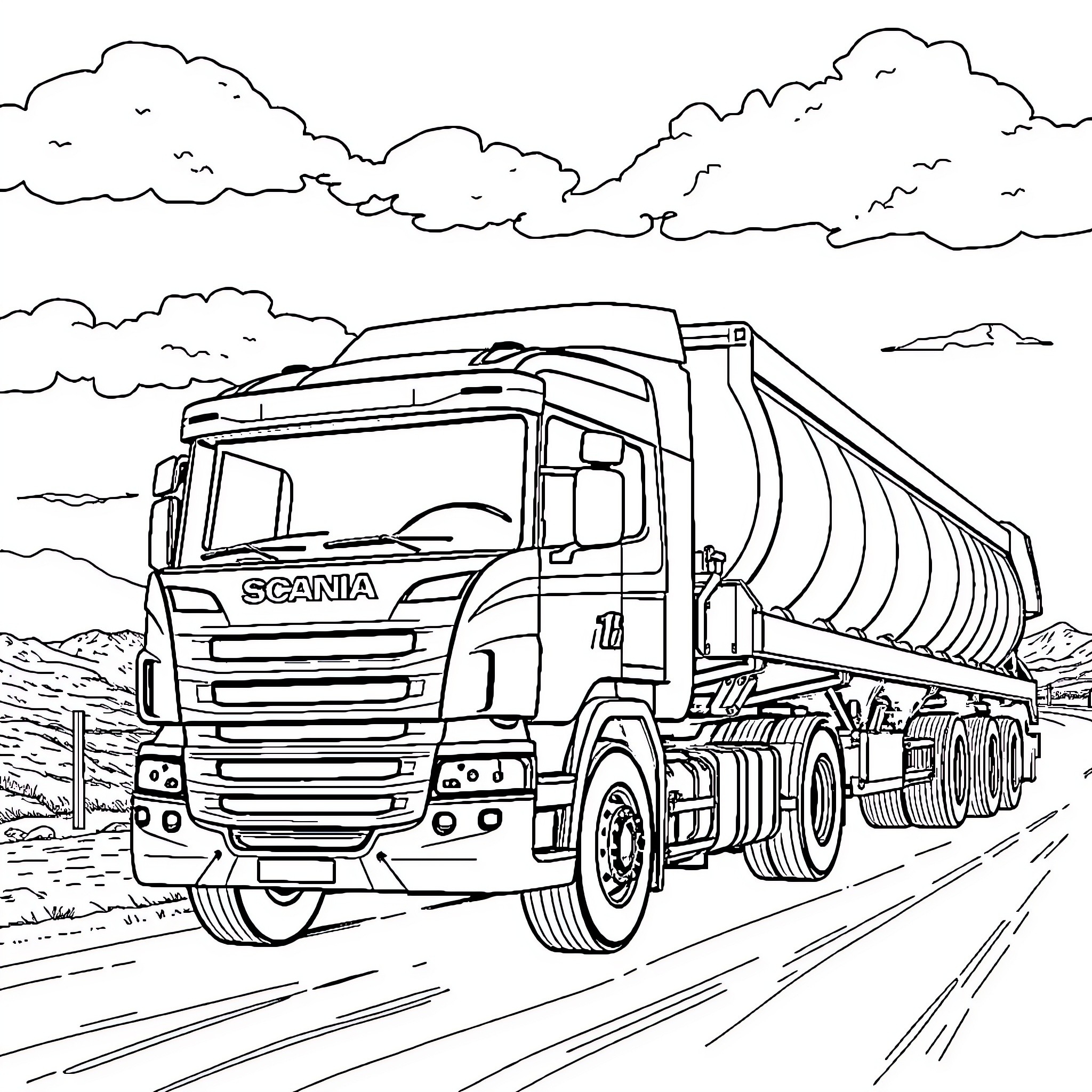 Scania Truck Hauling Cargo on the Road Coloring Page (free black-and-white line drawing printable PDF for all, from beginners to advanced learners, including children, teens, adults, and seniors)