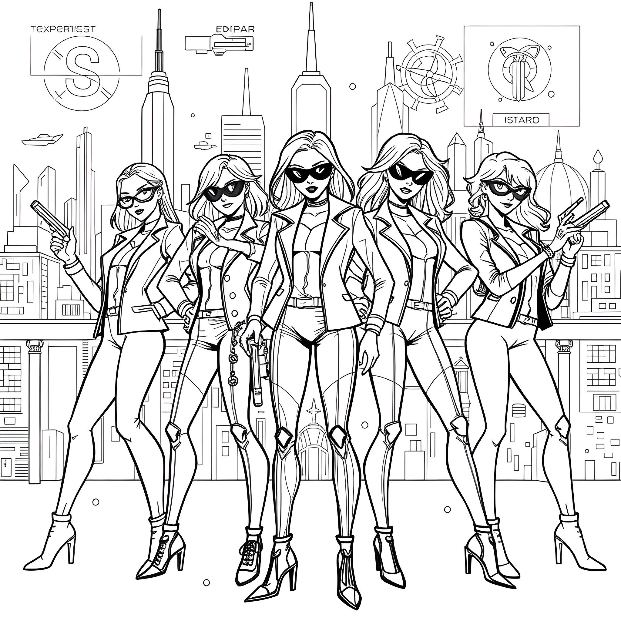 Spies infiltrating a high-tech city Coloring Page (free black-and-white line drawing printable PDF for all, from beginners to advanced learners, including children, teens, adults, and seniors)