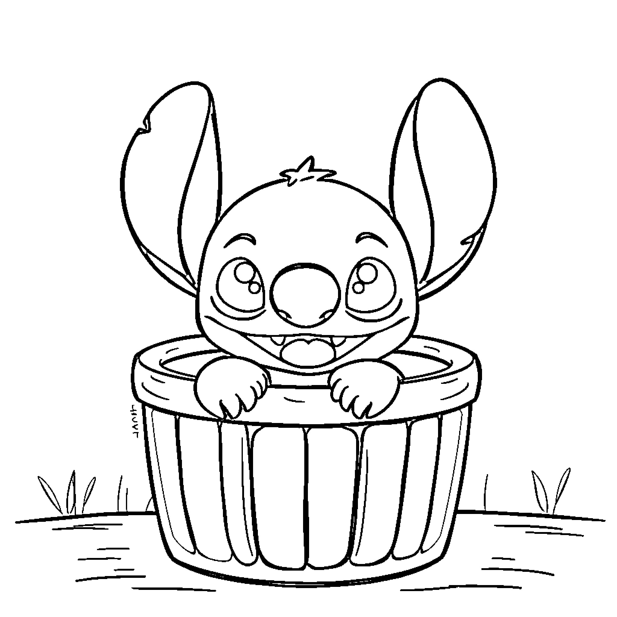Stitch popping out of a cupcake Coloring Page (free black-and-white line drawing printable PDF for all, from beginners to advanced learners, including children, teens, adults, and seniors)