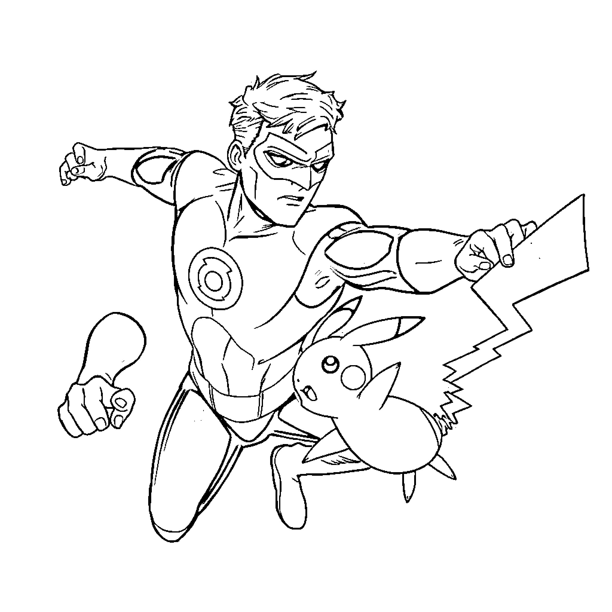 Green Lantern Battles Foes with Outstretched Arms Coloring Page (free black-and-white line drawing printable PDF for all, from beginners to advanced learners, including children, teens, adults, and seniors)