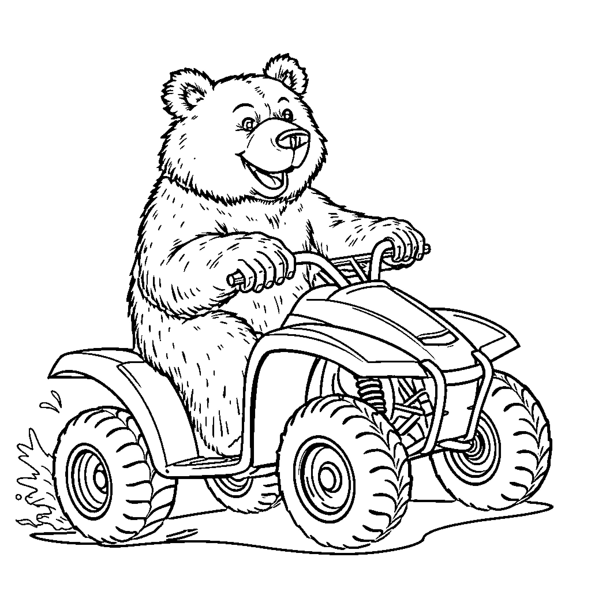 Grizzly Bear Riding a Fun All-Terrain Vehicle Coloring Page (free black-and-white line drawing printable PDF for all, from beginners to advanced learners, including children, teens, adults, and seniors)