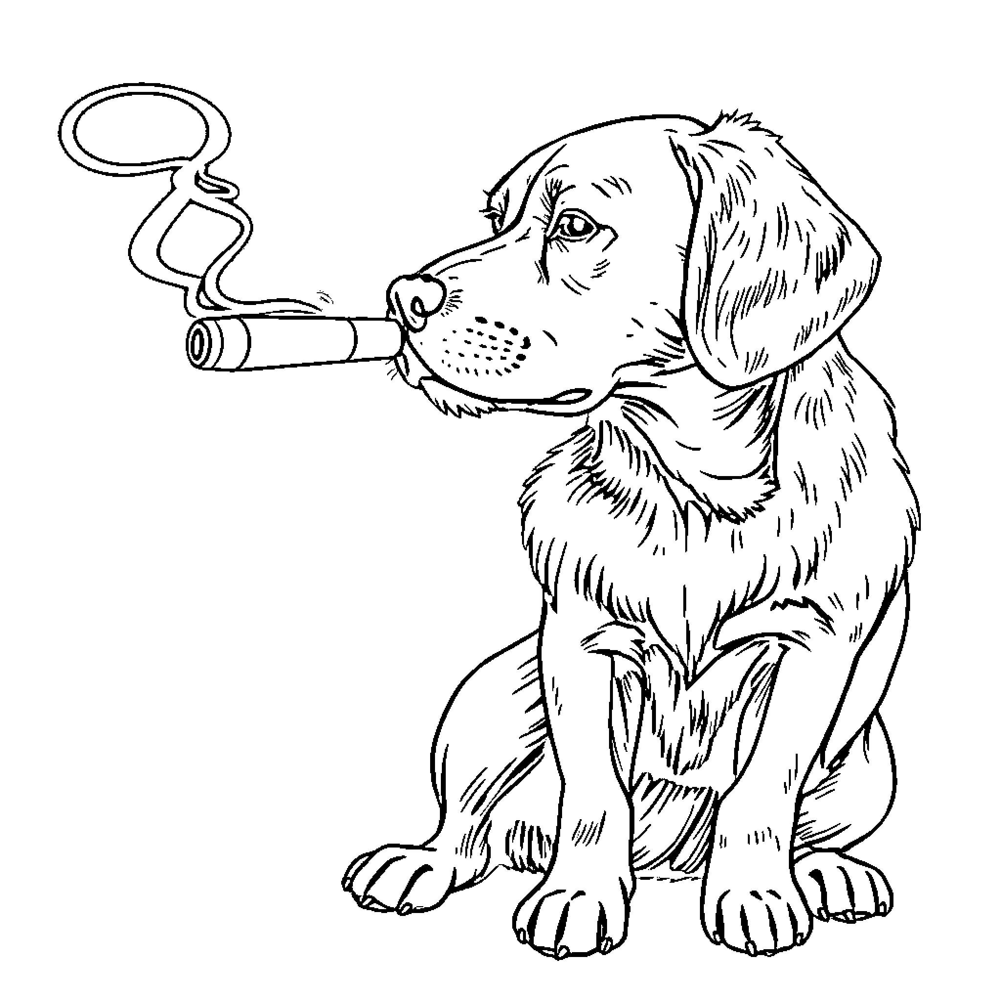 Dog blowing bubbles with toy Coloring Page (free black-and-white line drawing printable PDF for all, from beginners to advanced learners, including children, teens, adults, and seniors)
