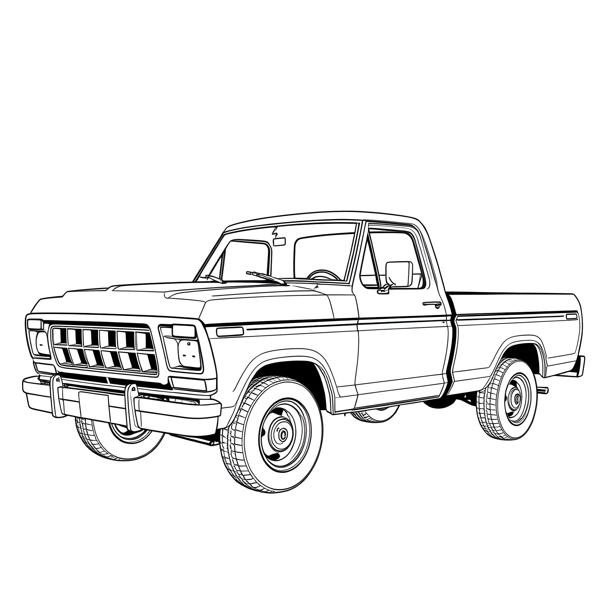 Ford Truck Illustration in Outline Style Coloring Page (free black-and-white line drawing printable PDF for all, from beginners to advanced learners, including children, teens, adults, and seniors)