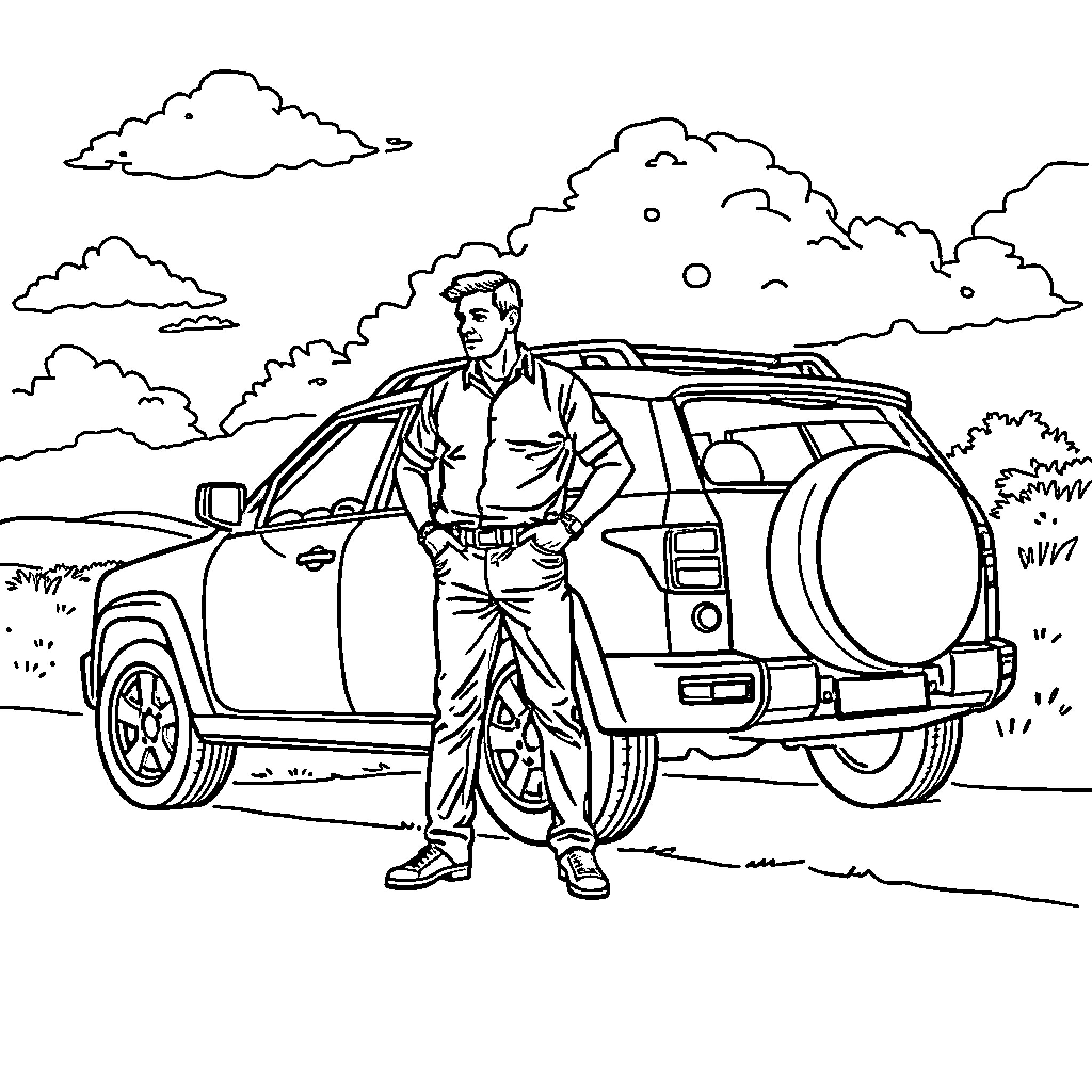 Man standing near his SUV in the countryside Coloring Page (free black-and-white line drawing printable PDF for all, from beginners to advanced learners, including children, teens, adults, and seniors)